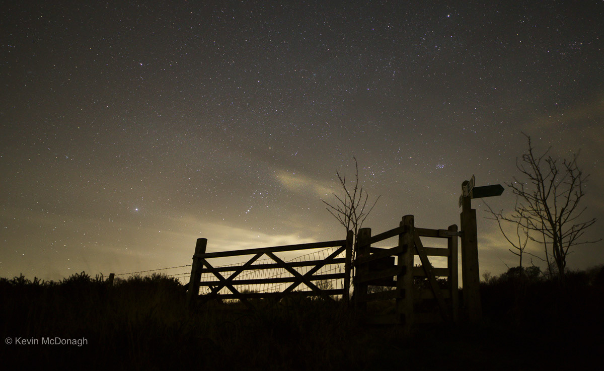 Sirius, Orion, Aldebaran, Mars and the Pleiades over Teignmouth golf course