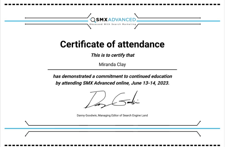 SMX Advanced Certificate of Attendance 2023