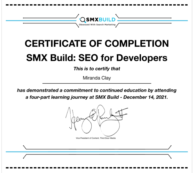 SMX Build: SEO for Developers Certificate of Completion 2021