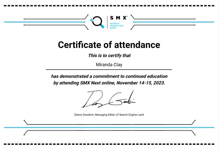 SMX Certificate of Attendance 2023
