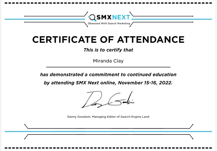 SMX Next Certificate of Attendance 2022