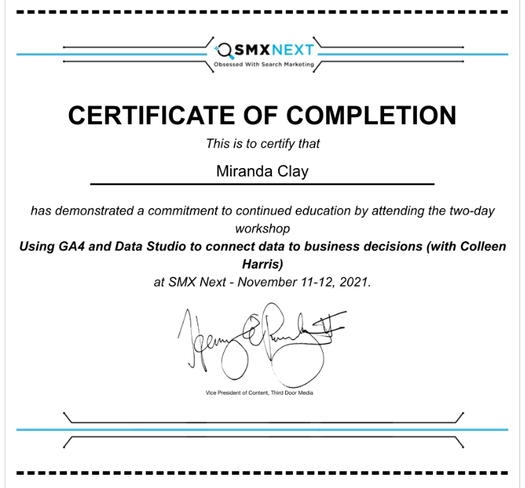 SMX Next: GA4 and Data Studio Certificate of Completion 2021