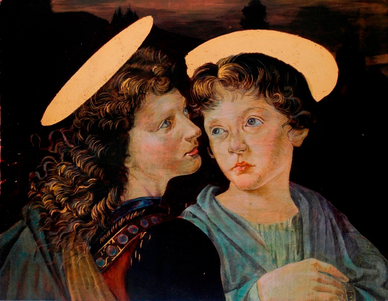 Reproduction of "Battesimo di Cristo" of L. da Vinci and S. Botticelli 2004, Tempera and gold leaf on gesso panel