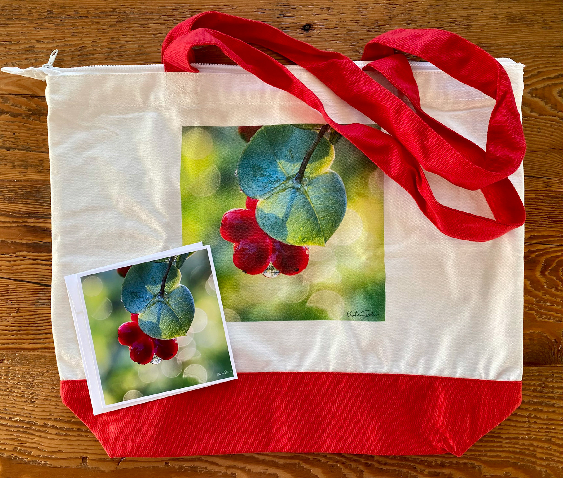 Coral Honeysuckle Berries Tote and Card