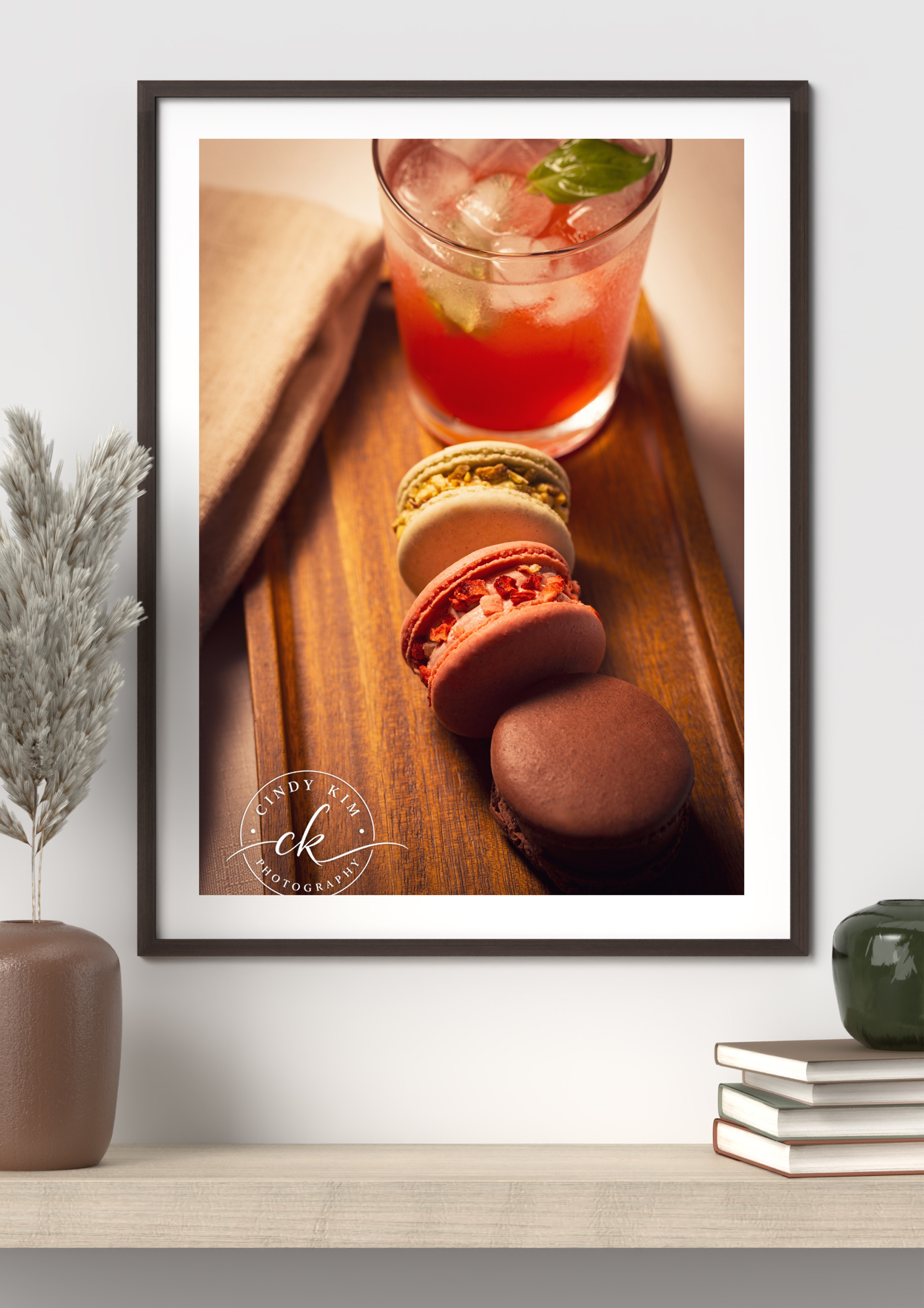 Three Gourmet Macarons with Organic Red Juice Blend in Wall Frame