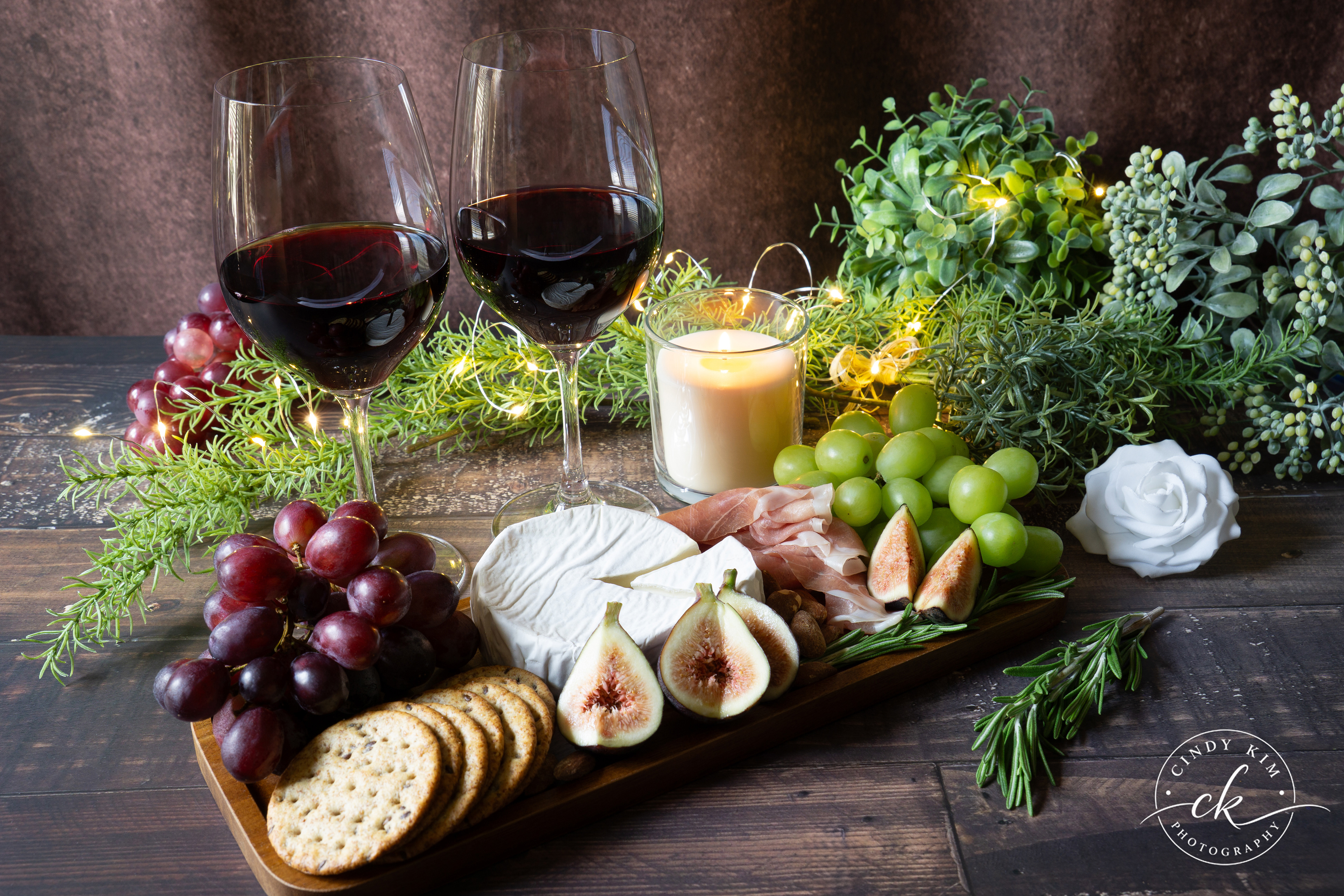 Charcuterie Board with Wine and Fresh Fruit