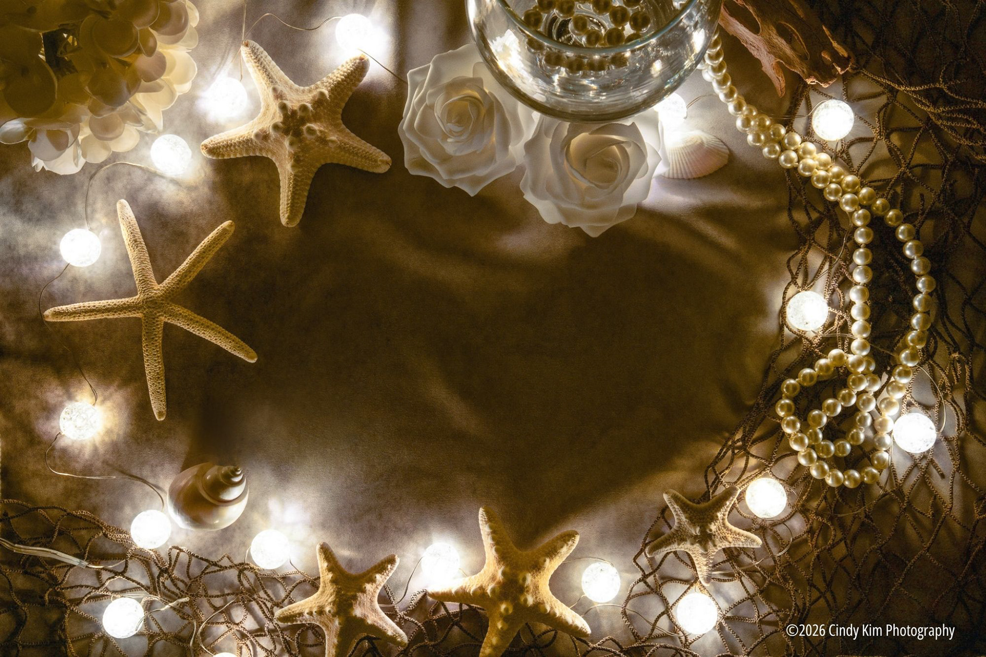 Elegant Coastal Flat Lay with Seashells, Starfish and Copy Space