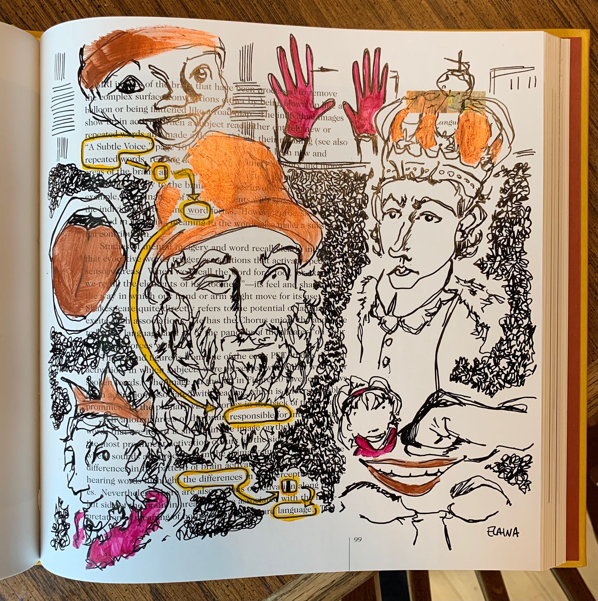 One of the pages inside, reading: "A subtle voice repeated a word responsible for the differences in language"