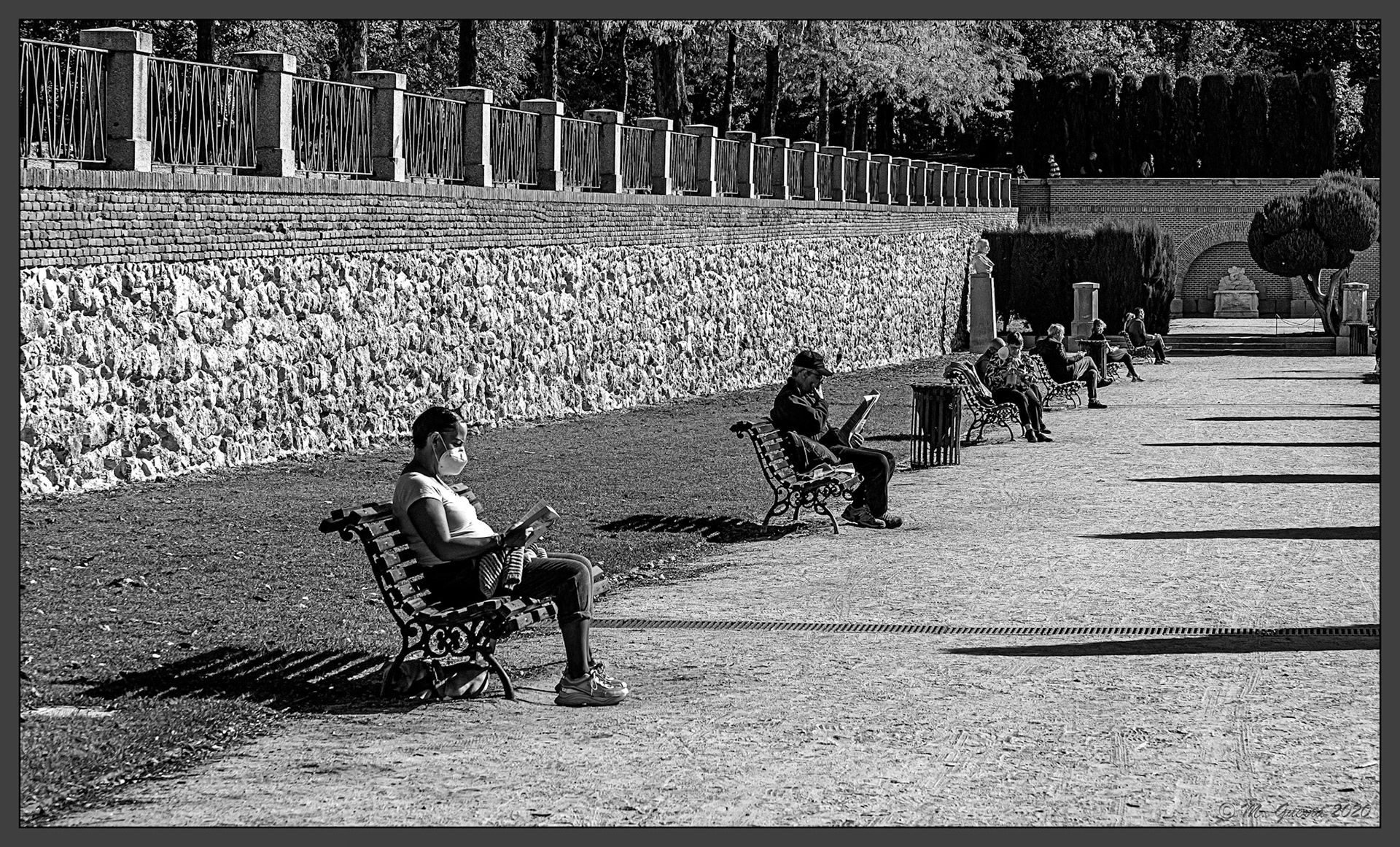 Hilera de bancos con personas en el Retiro. 100ASA