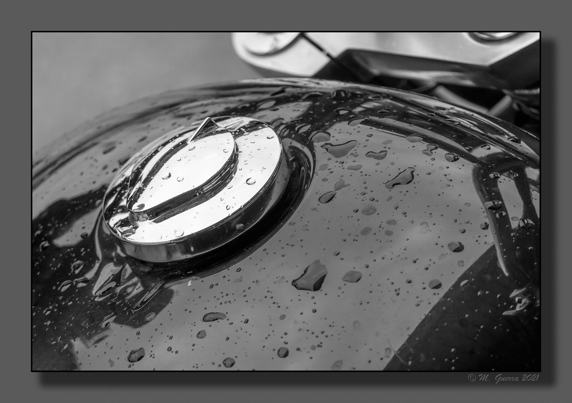 Depósito de una moto con gotas de lluvia en la Gavia