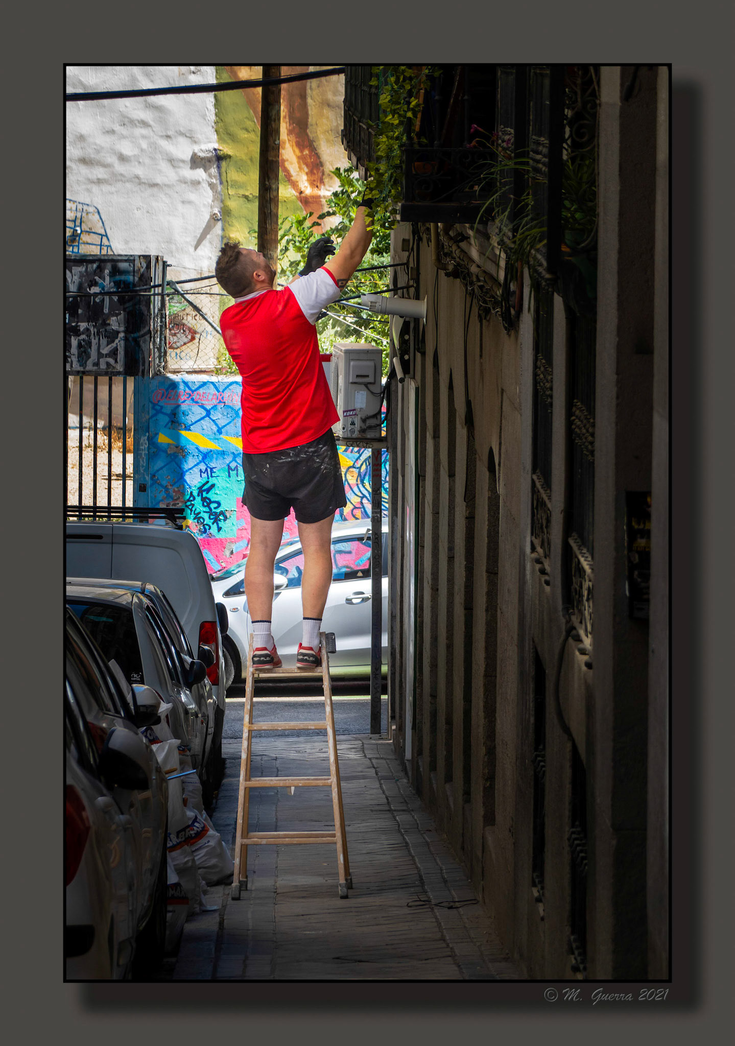Hombre subido en una escalera