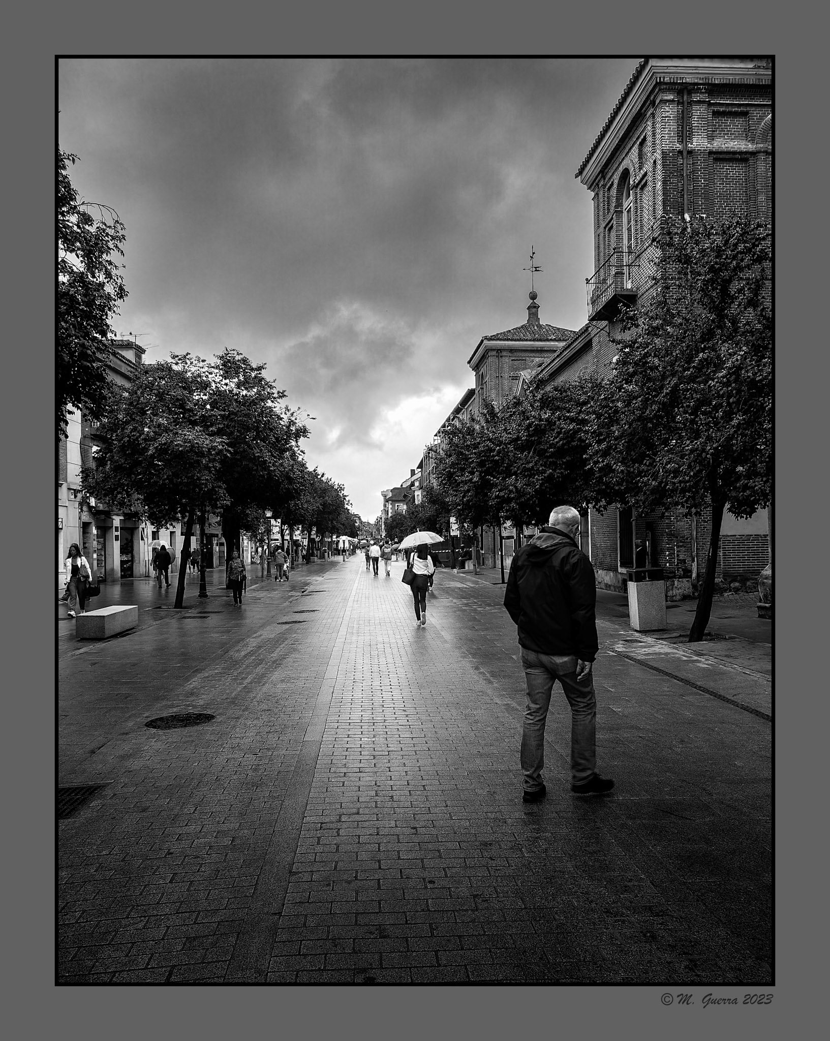 Calle peatonal en Alcalá de Henares un día de lluvia. 100ASA