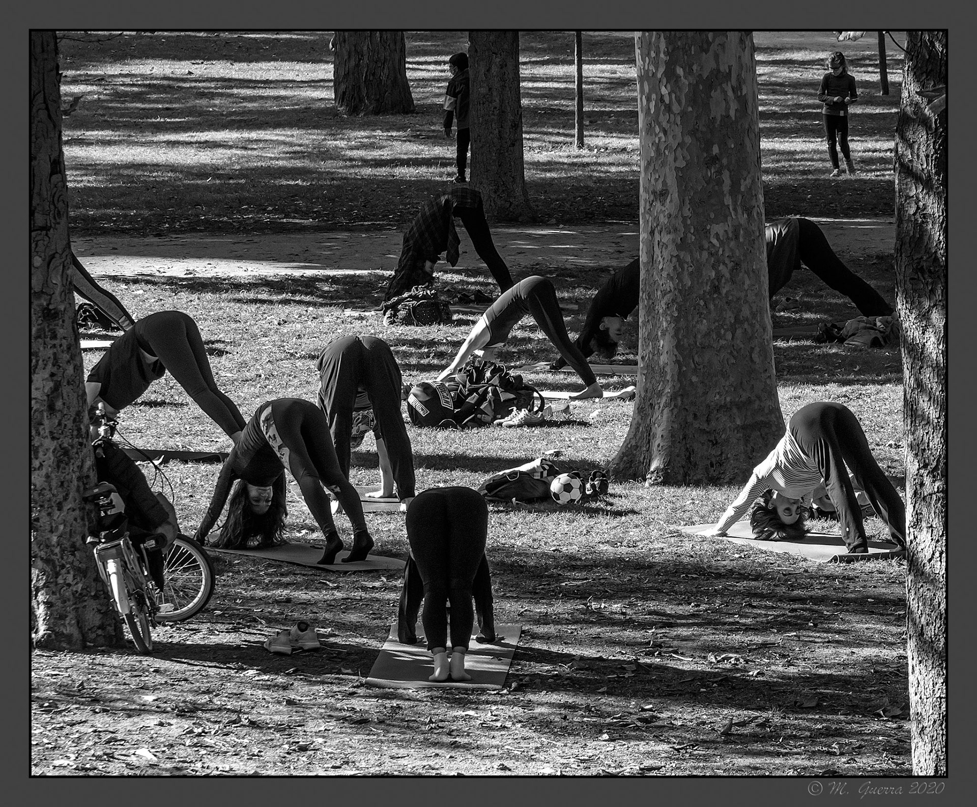 Grupo de personas haciendo gimnasia en el Retiro