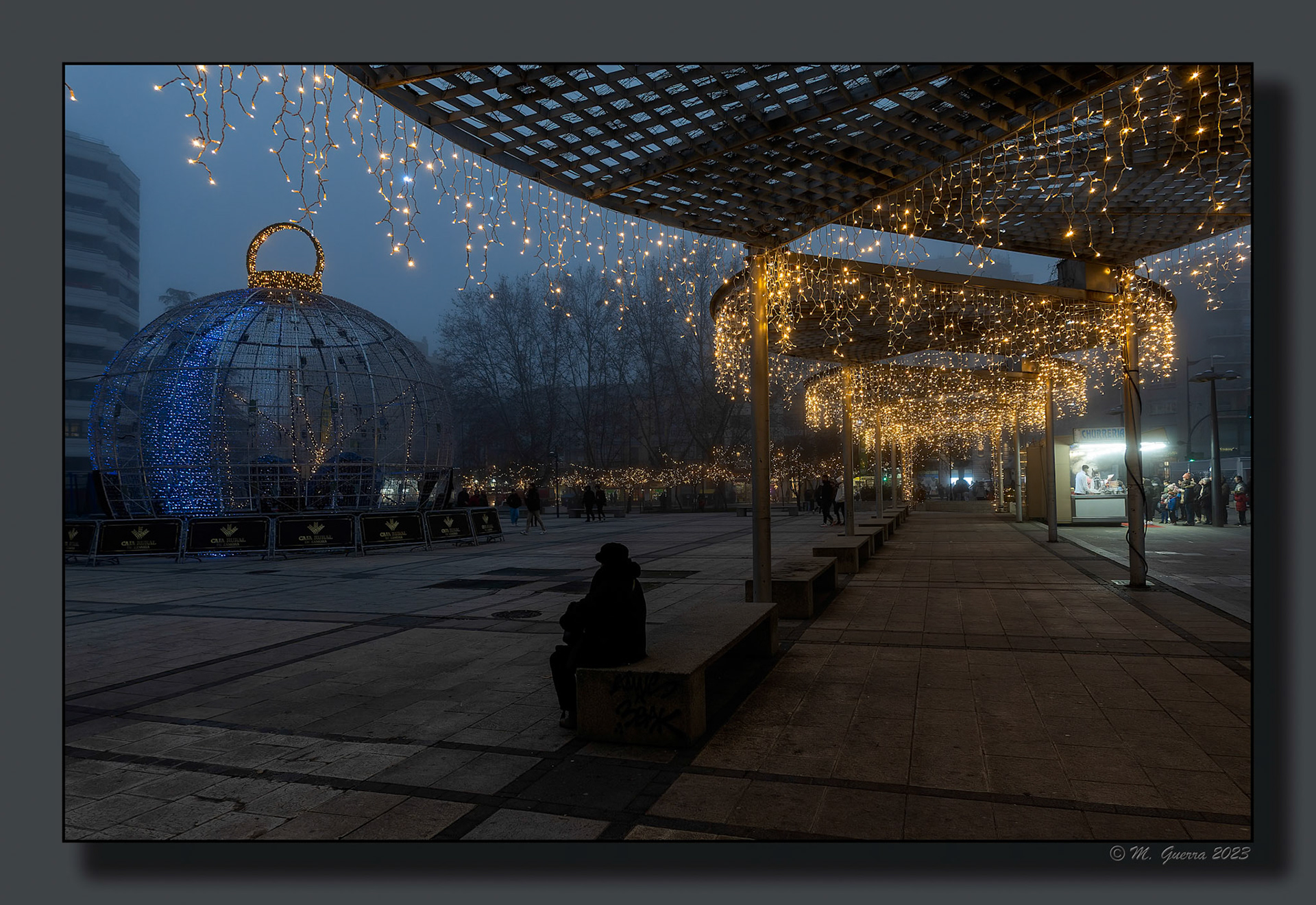Luces de Navidad de noche en la plaza de la Marina de Zamora. 100ASA