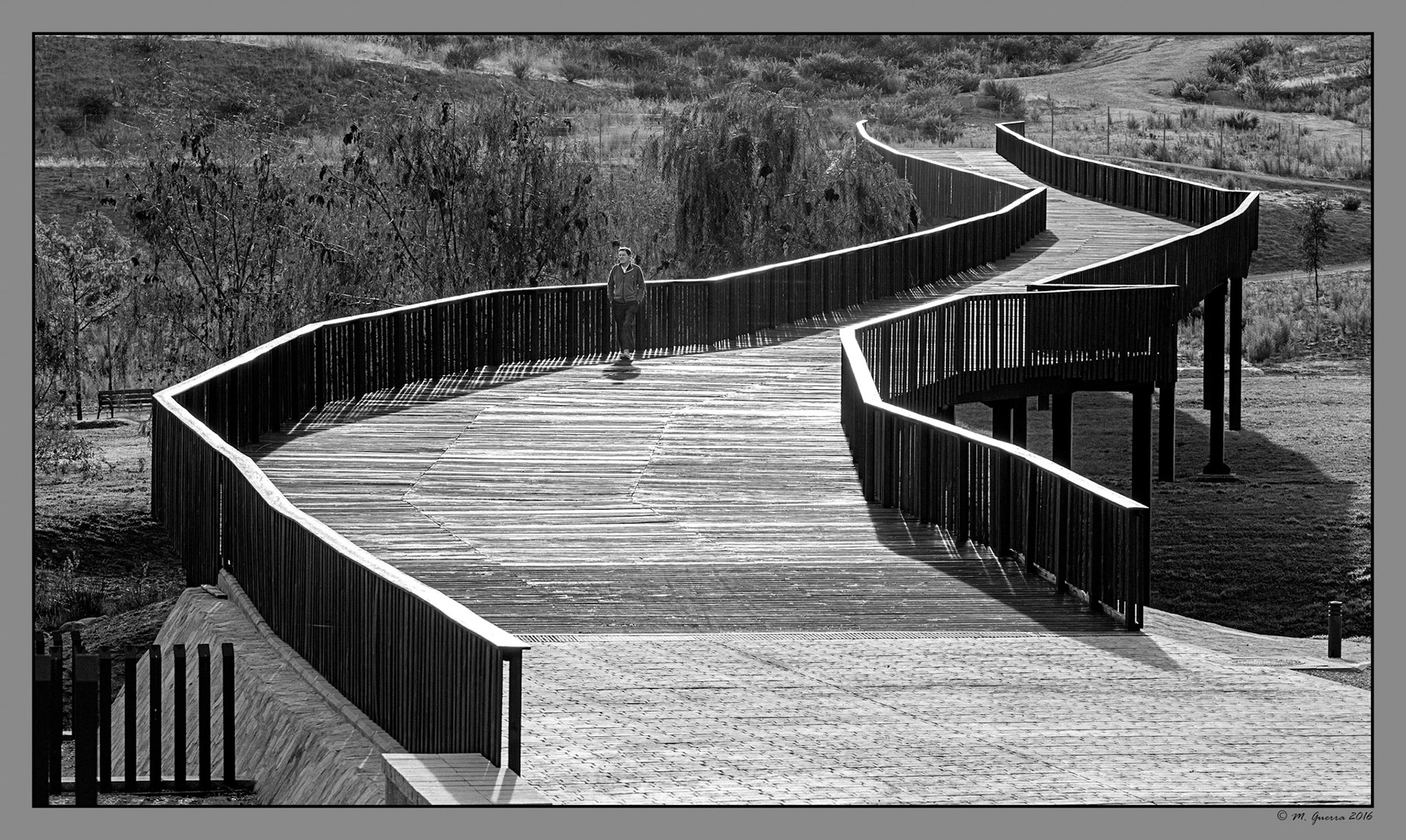 Paseante sobre un puente en El parque de Felipe VI. Ampliar
