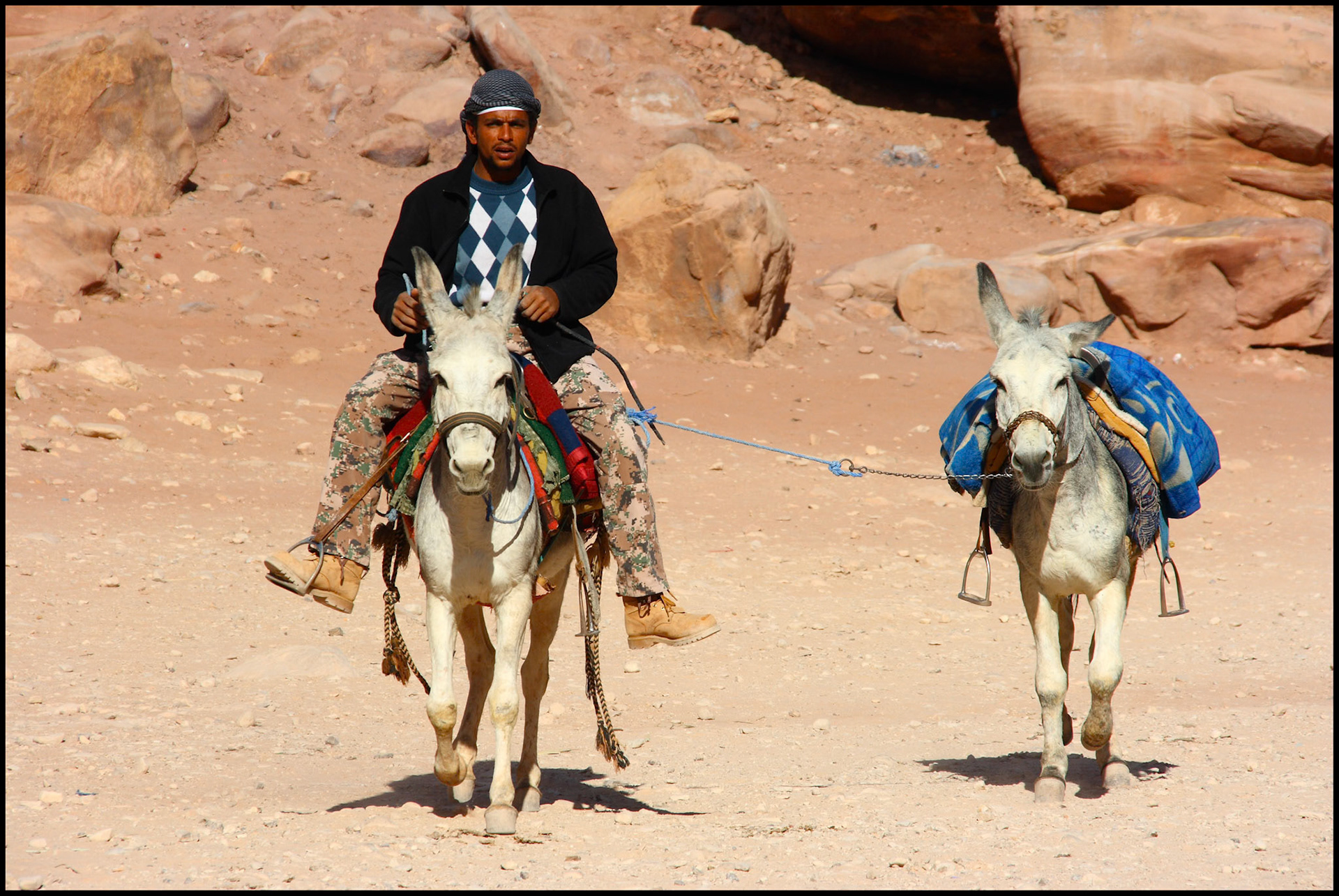 Beduino con dos burros en Petra. Ampliar. 100ASA