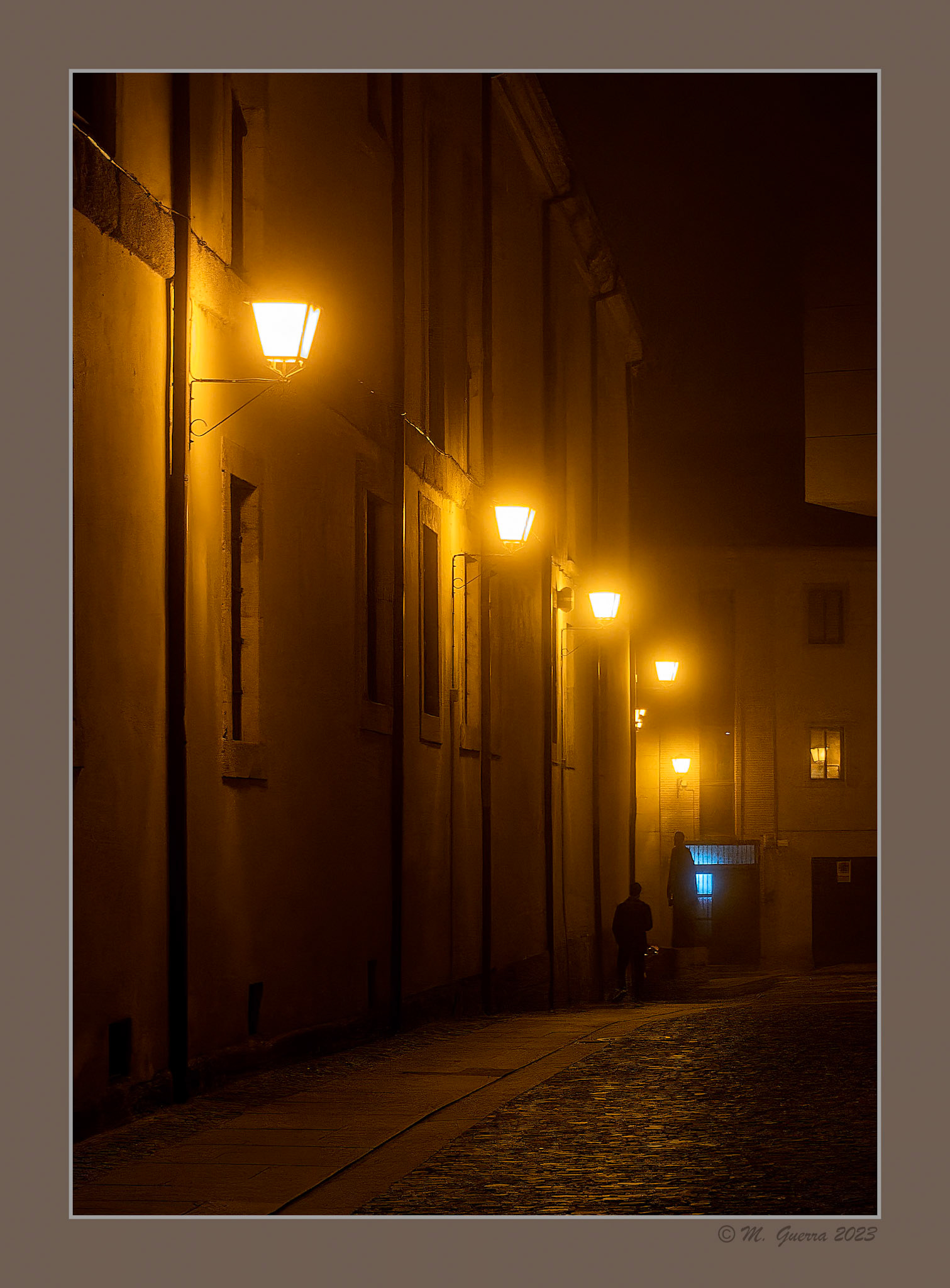 Farolas en una calle con niebla en Zamora. 100ASA