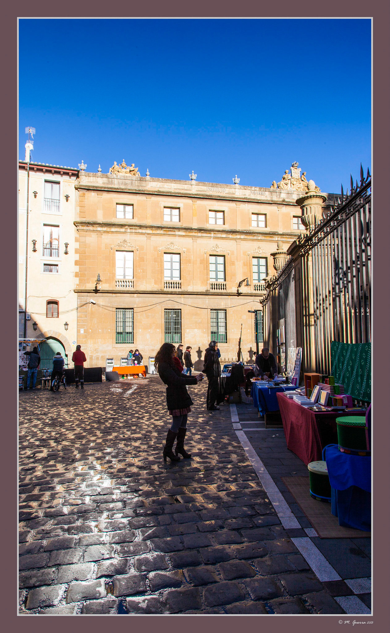 Una chica haciendo fotos a su puesto de venta de libros en la verja de la Catedral de Pamplona. Ampliar