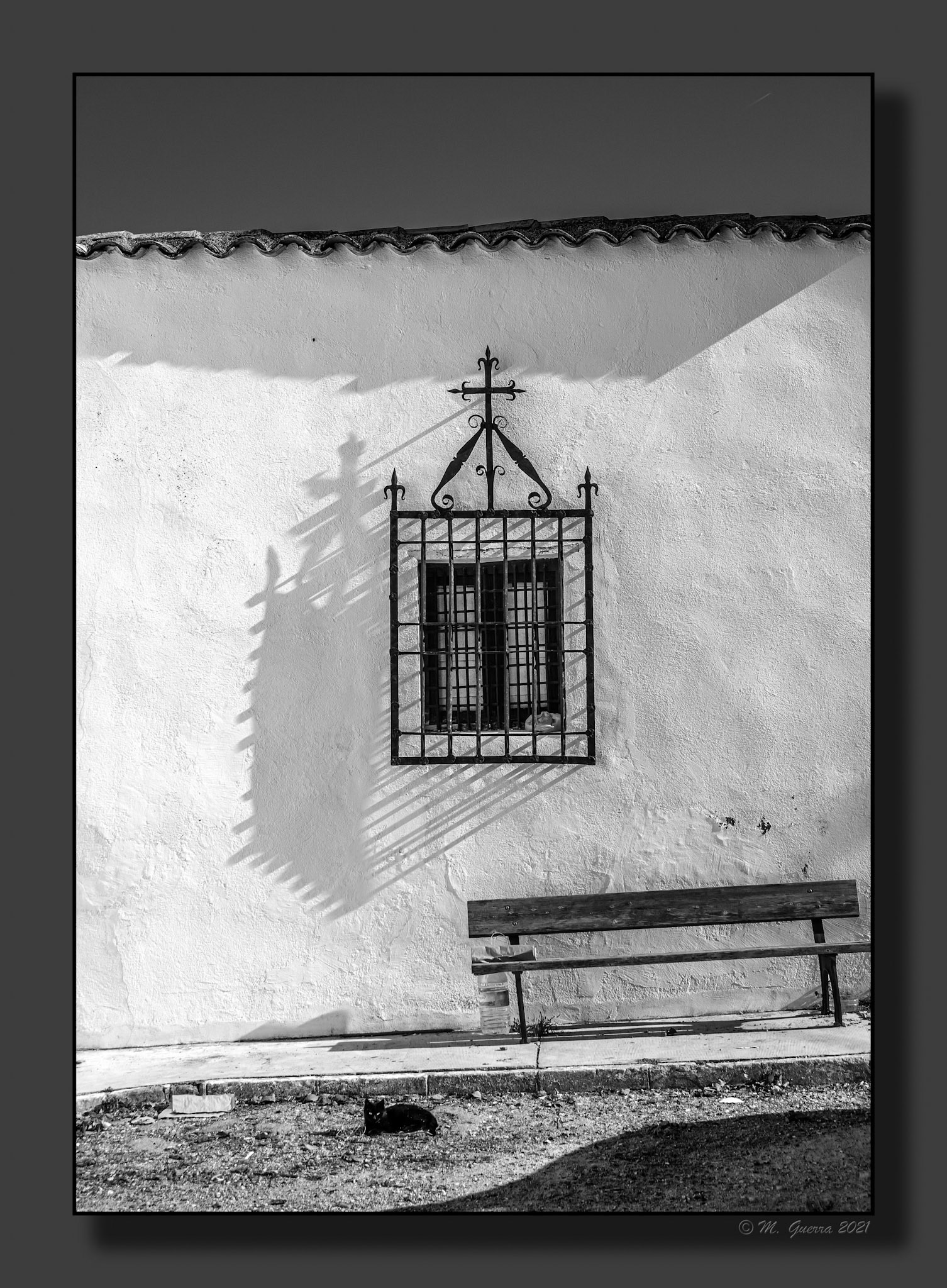 Gato bajo una ventana con reja en Carrascosa del Campo. 100ASA