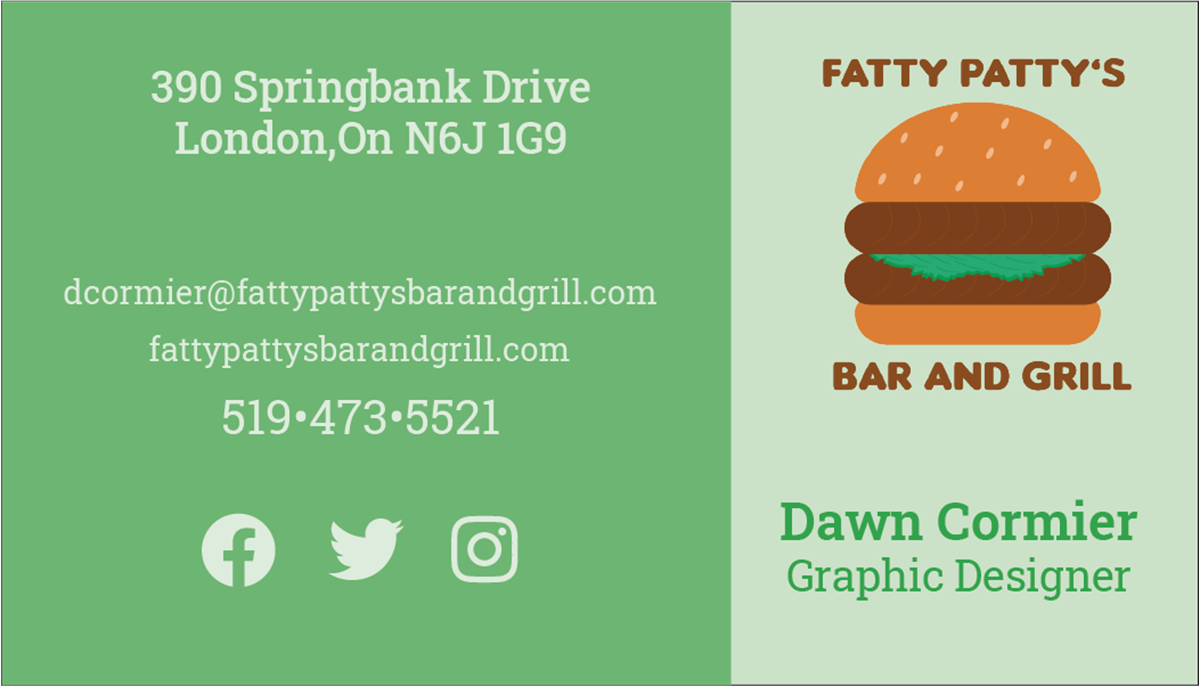 Back of business card for Fatty Patty's Bar and Grill