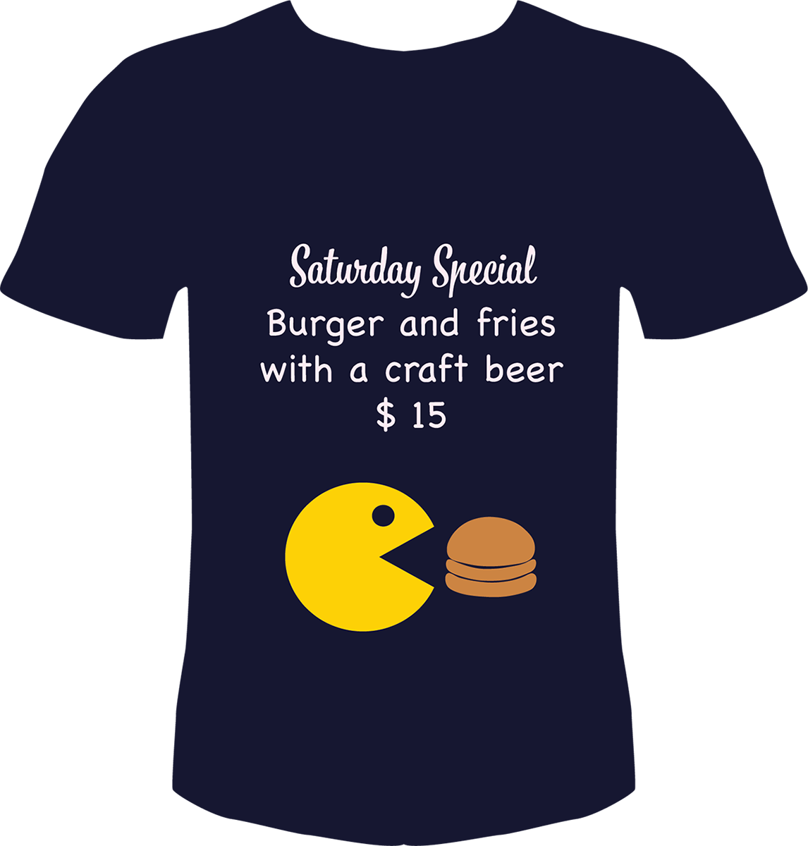T-shirt with Saturday Special and Pac Man chasing a burger