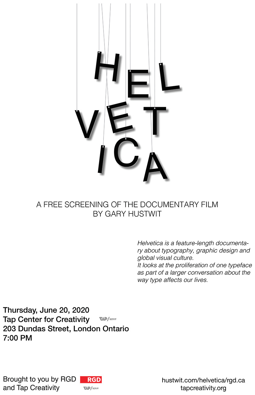 Black and white poster for a Helvetica movie with text hanging on strings