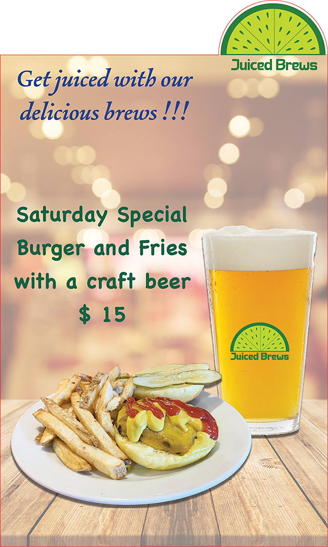Table talker with the Saturday special with a burger, fries, and beer