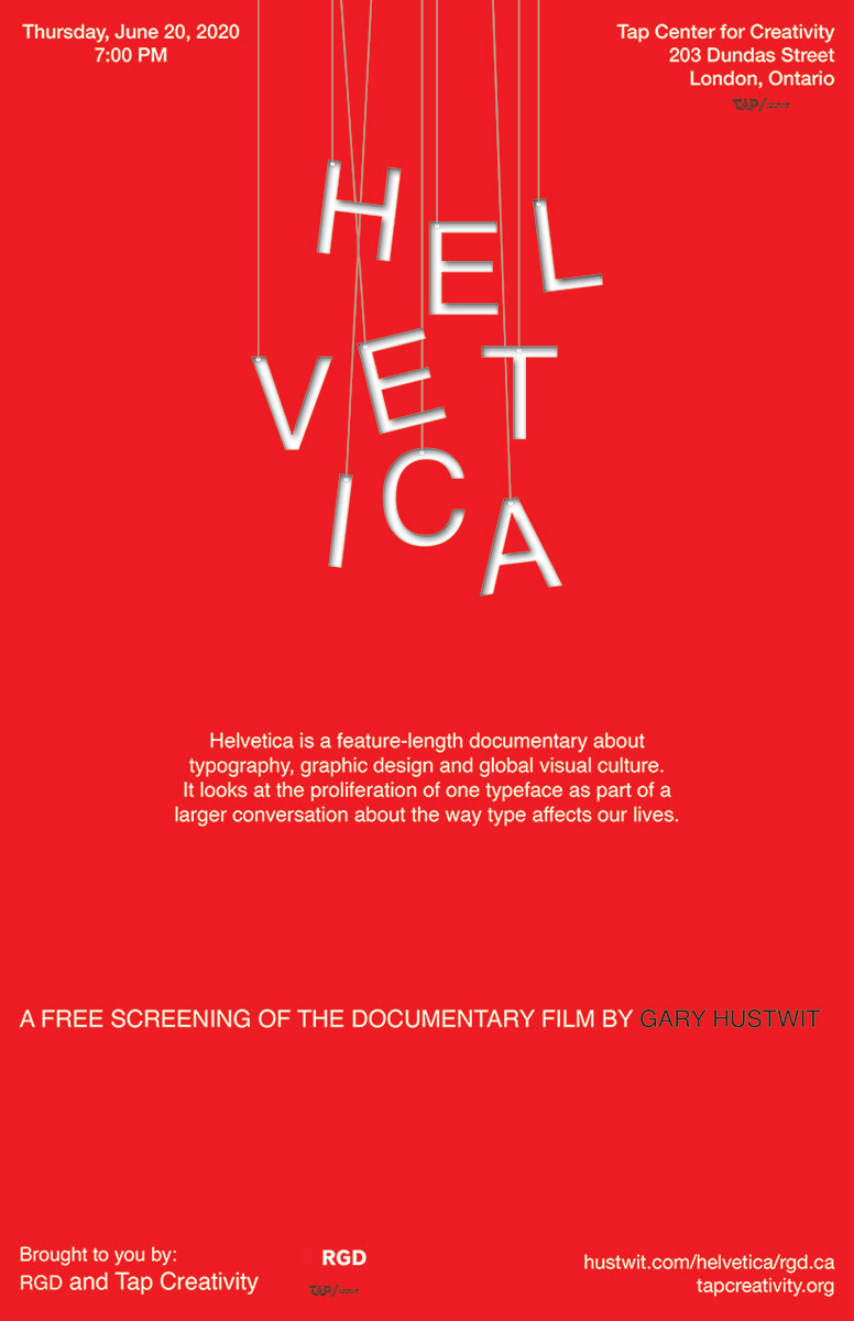 Helvetica movie poster with the text hanging on strings on a red background