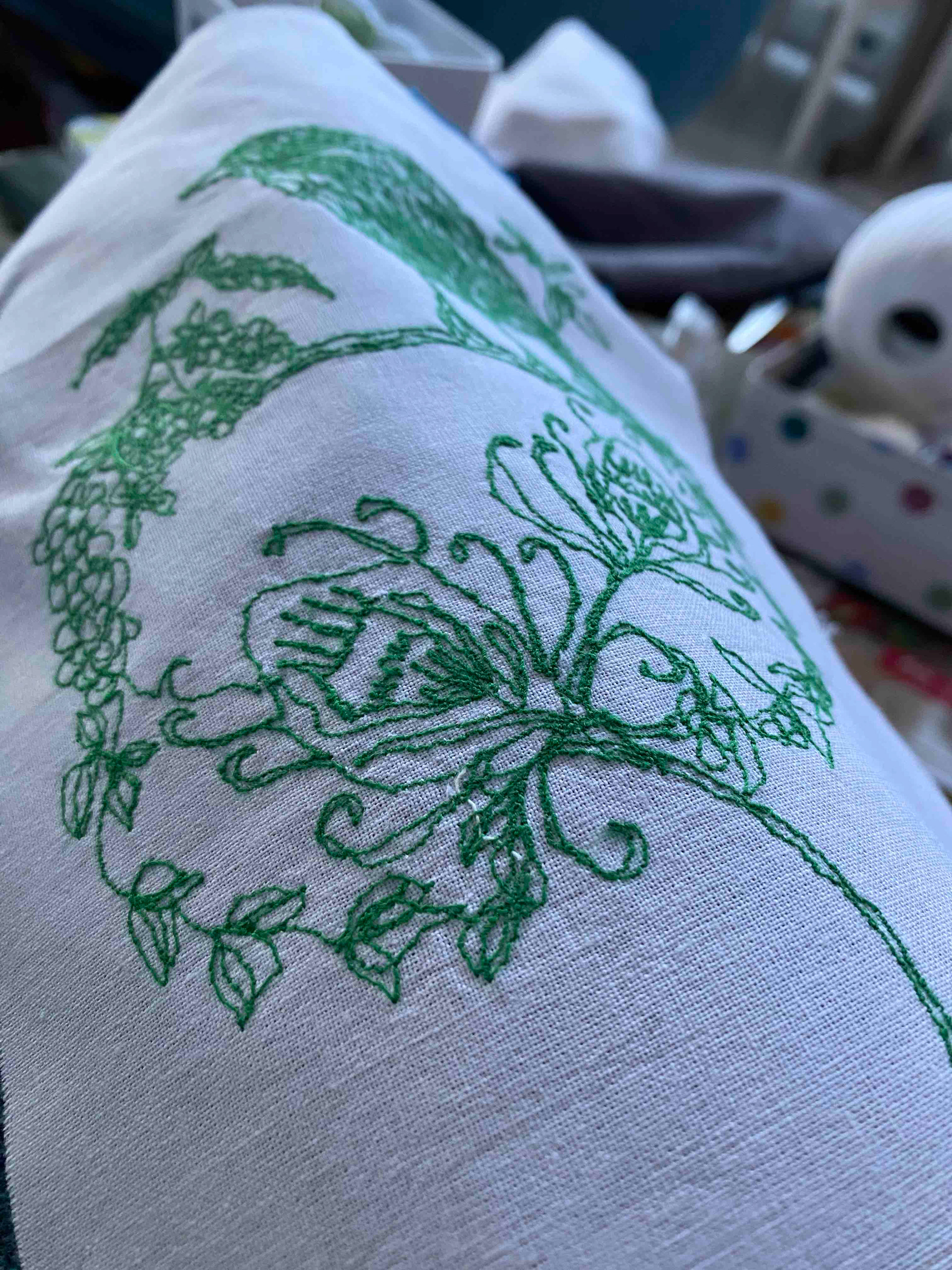 Machine embroidery peacock feathers