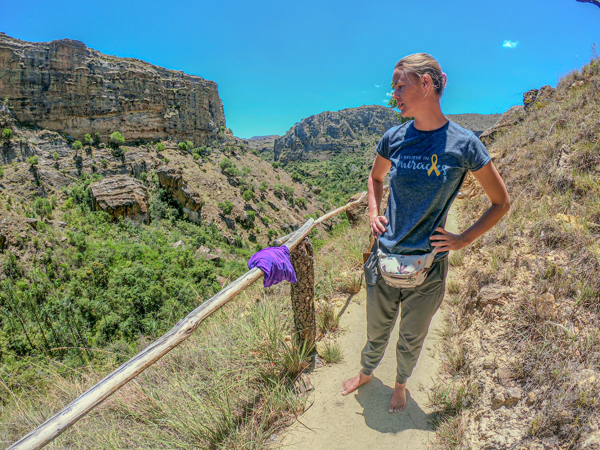 Overlooking the depths of the canyon where watercourses run and vegetation concentrates. 