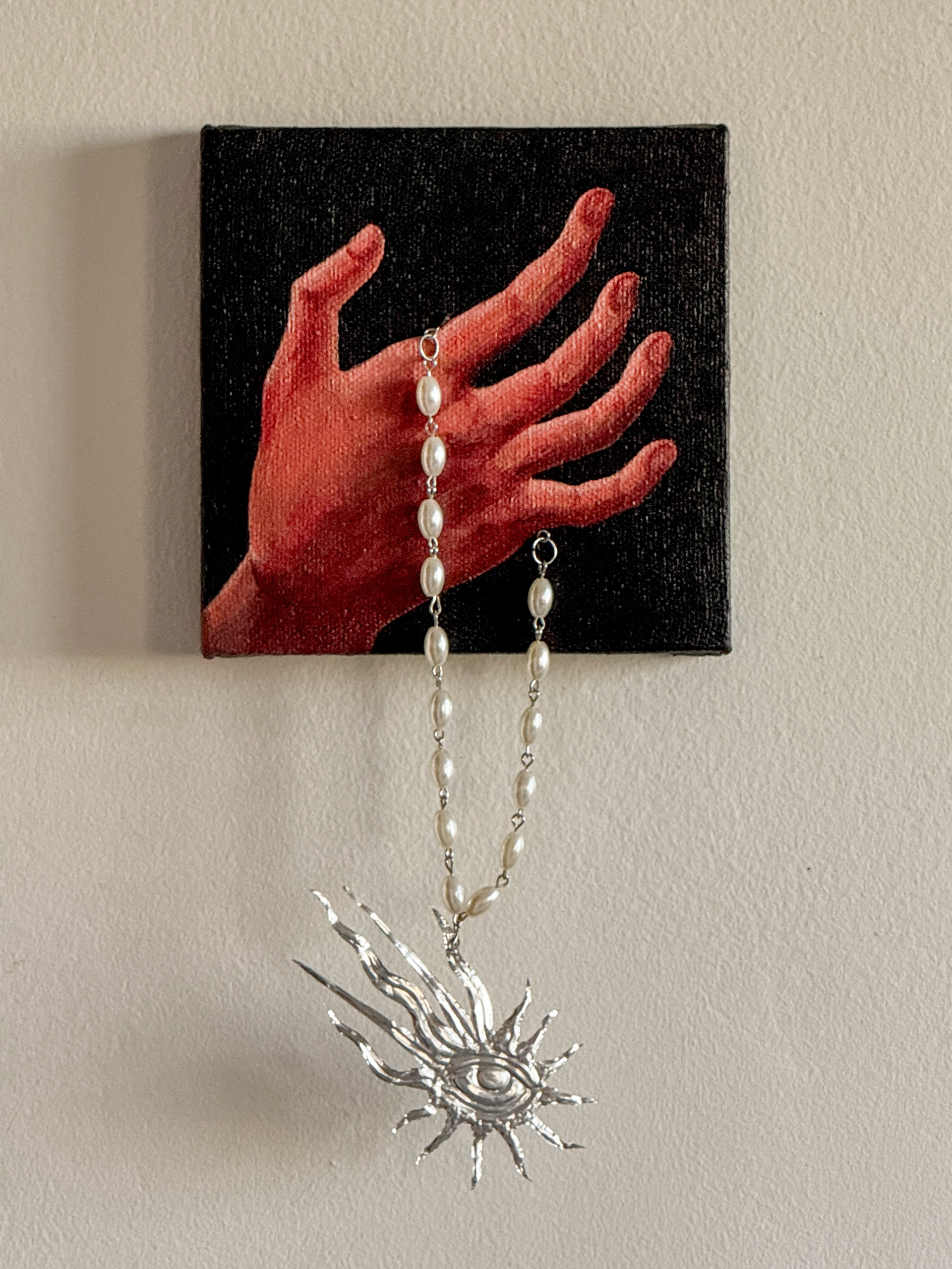 The Mysteries of Light (Acrylic, wire strung pearls, and embossed aluminum on canvas), 2026