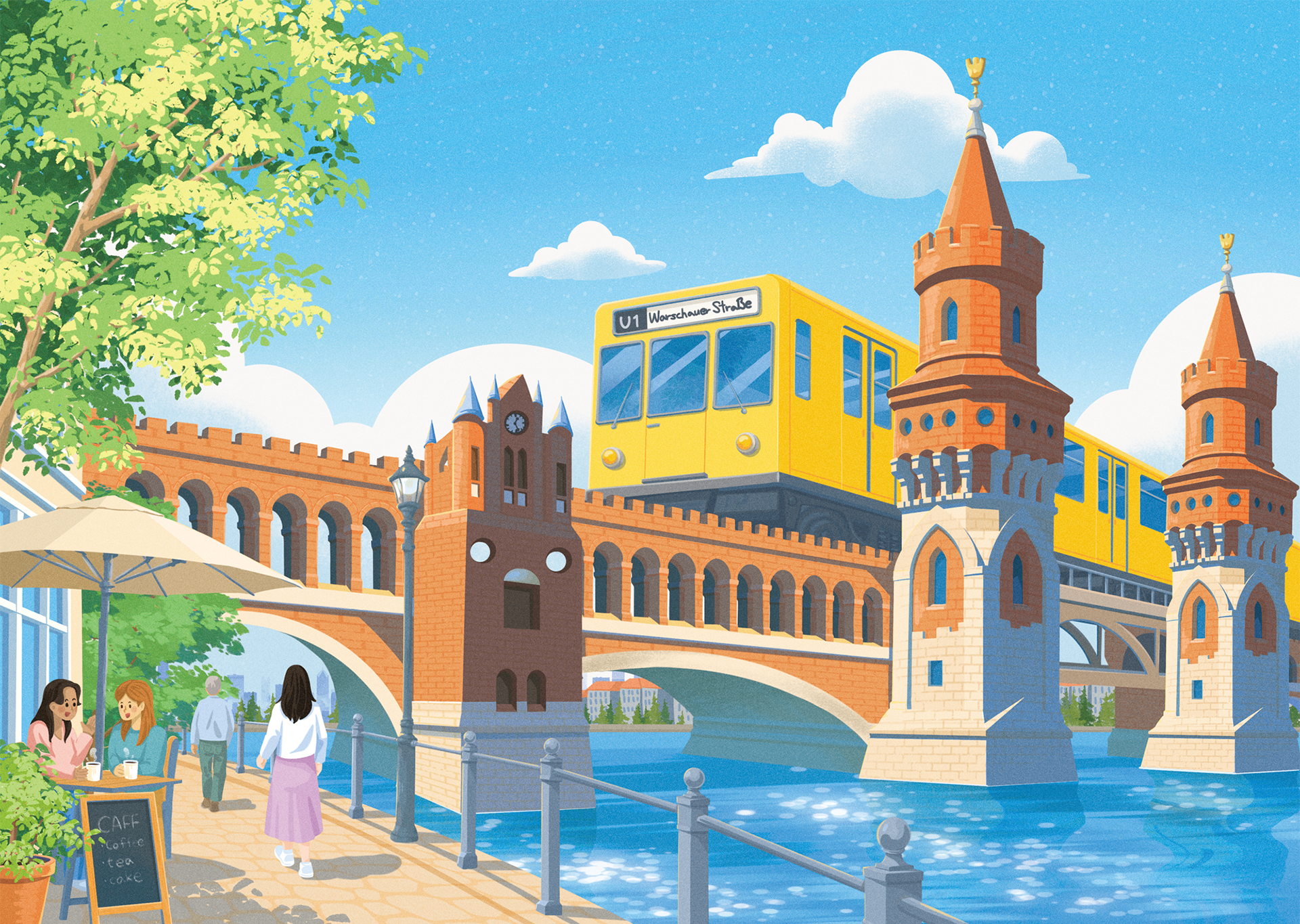 The yellow U train on Oberbaum Bridge