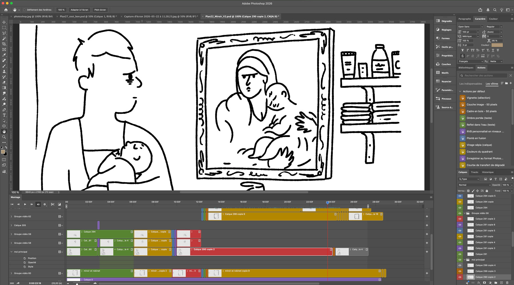 Fenêtre photoshop avec une scène en train d'être animée : Emilie et son bébé font face au regard accusateur d'une icône "mère à l'enfant"