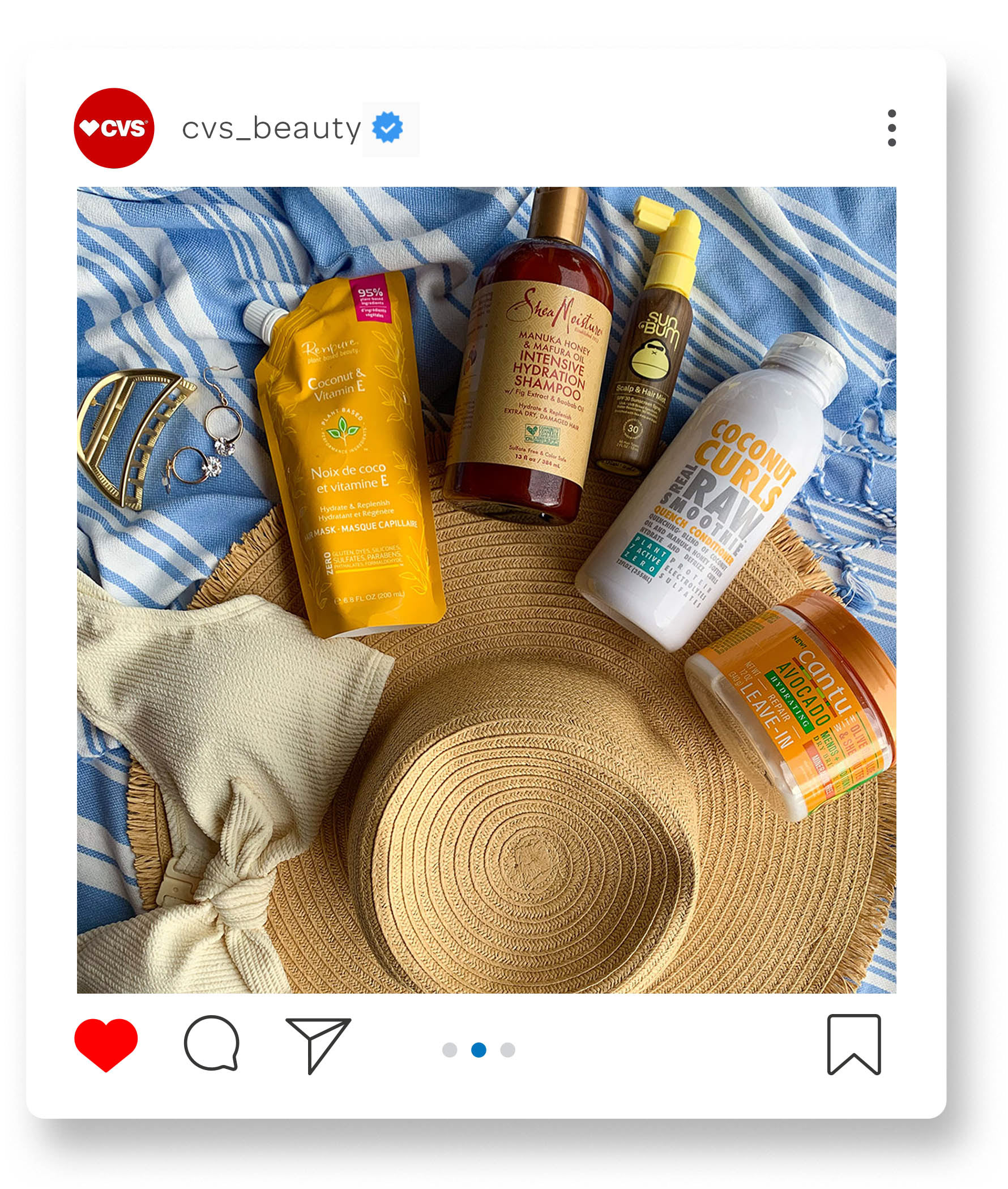 With summer comes long sunny days, chlorine filled pools, and trips to the beach. We wanted to take the opportunity to remind followers that their hair will need some extra TLC. CVS® carries a variety of products to keep hair hydrated and protected. This post captures a beach scene with summer staples like a towel, sun hat, swimsuit and a few hair product suggestions.