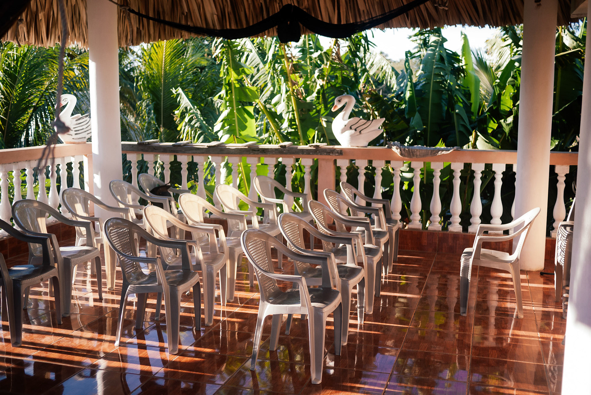 The daily meeting for field service is held on the terrace, protected by a small army of Scareswans.