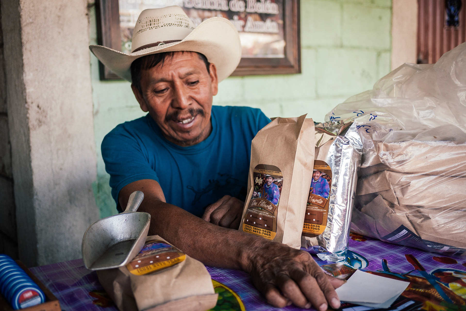 Don Filiberto proudly showed us his personal bag design, including his photo on the label.