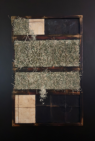 ACCUMULATION, acrylics, shredded currency, metal, wood, handmade paper on wood cradle, 24 x 36 x 4 inches, 2026.