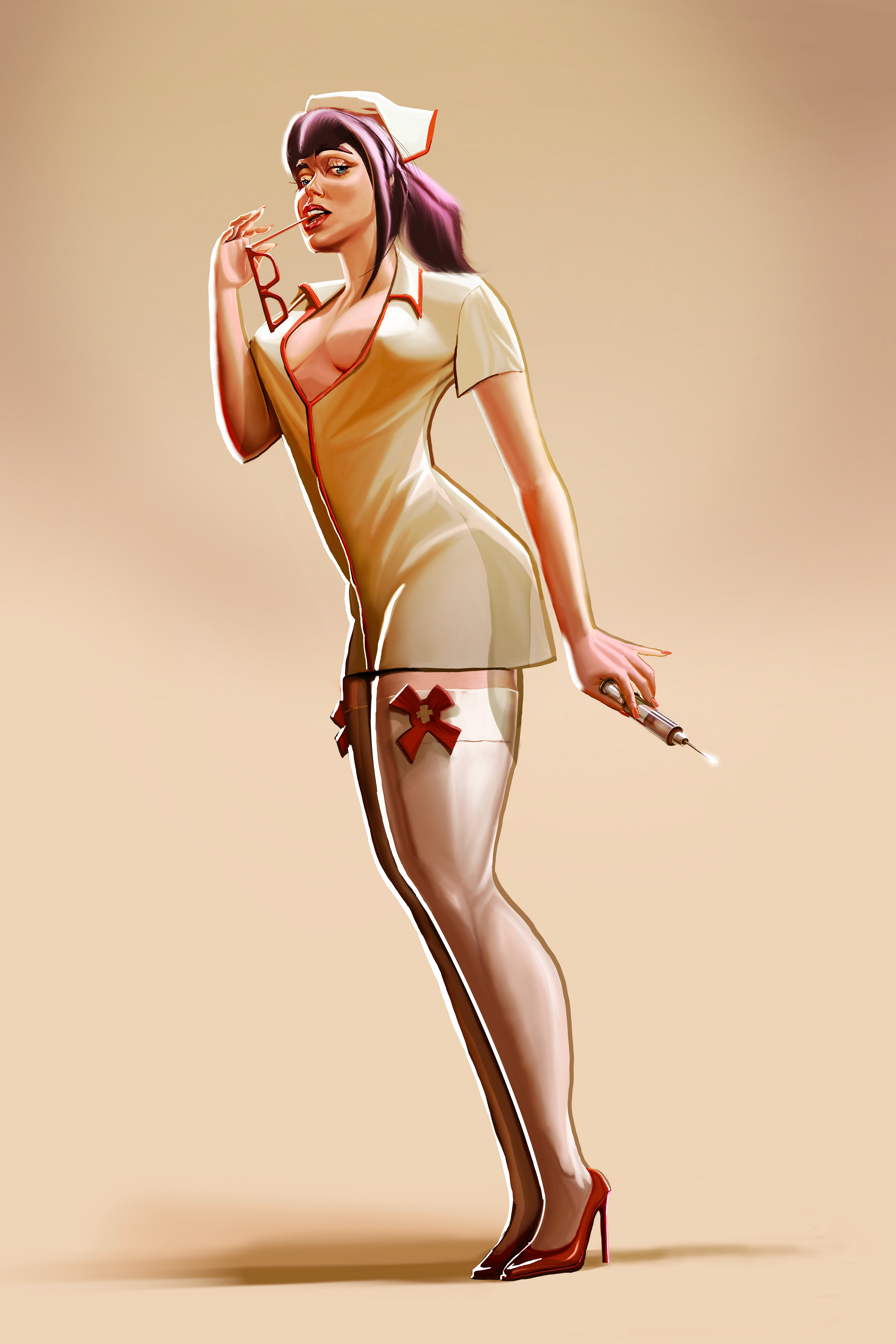 The lethal nurse, digital painting based on pinup art, is made in photoshop and procreate by Mario Ochoa