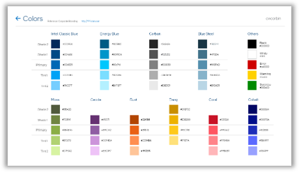 A color palette, arranged as a grid, that describes the design colors and status colors.