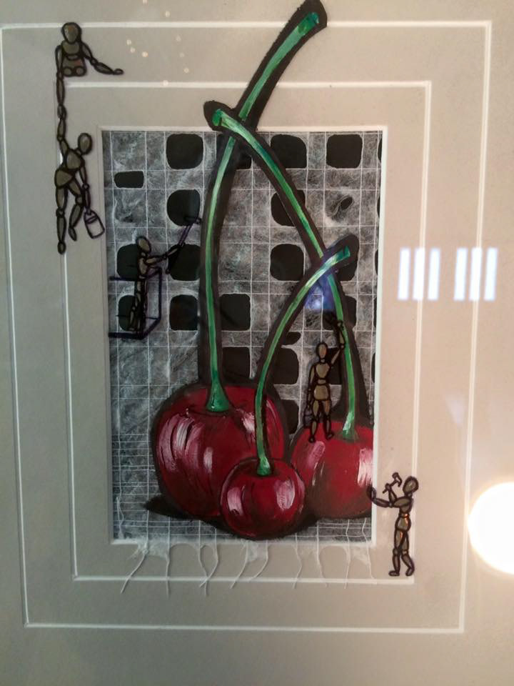 "Cherries under Construction" Mixed Media - SOLD