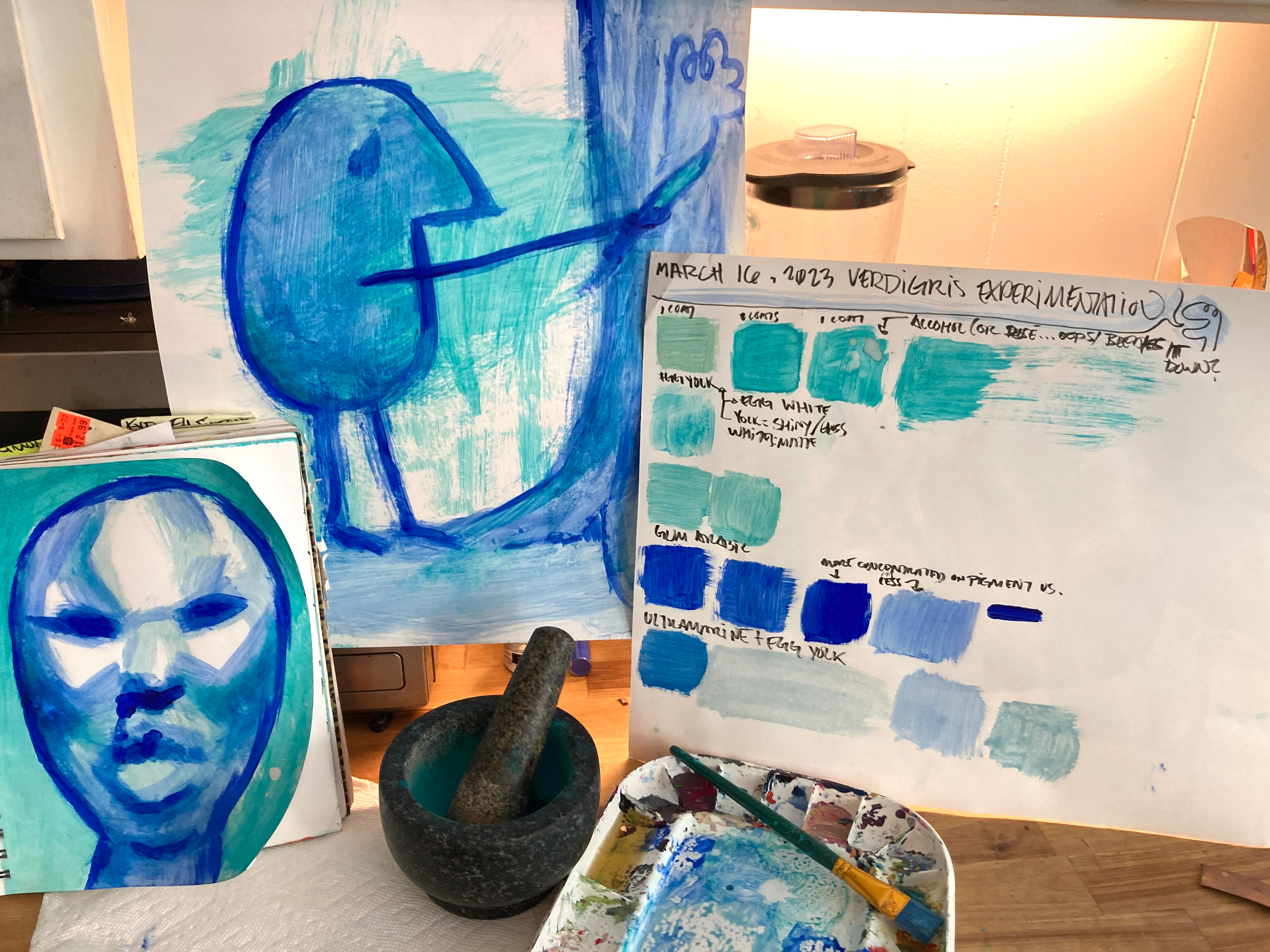 Verdigris + ultramarine egg tempera
