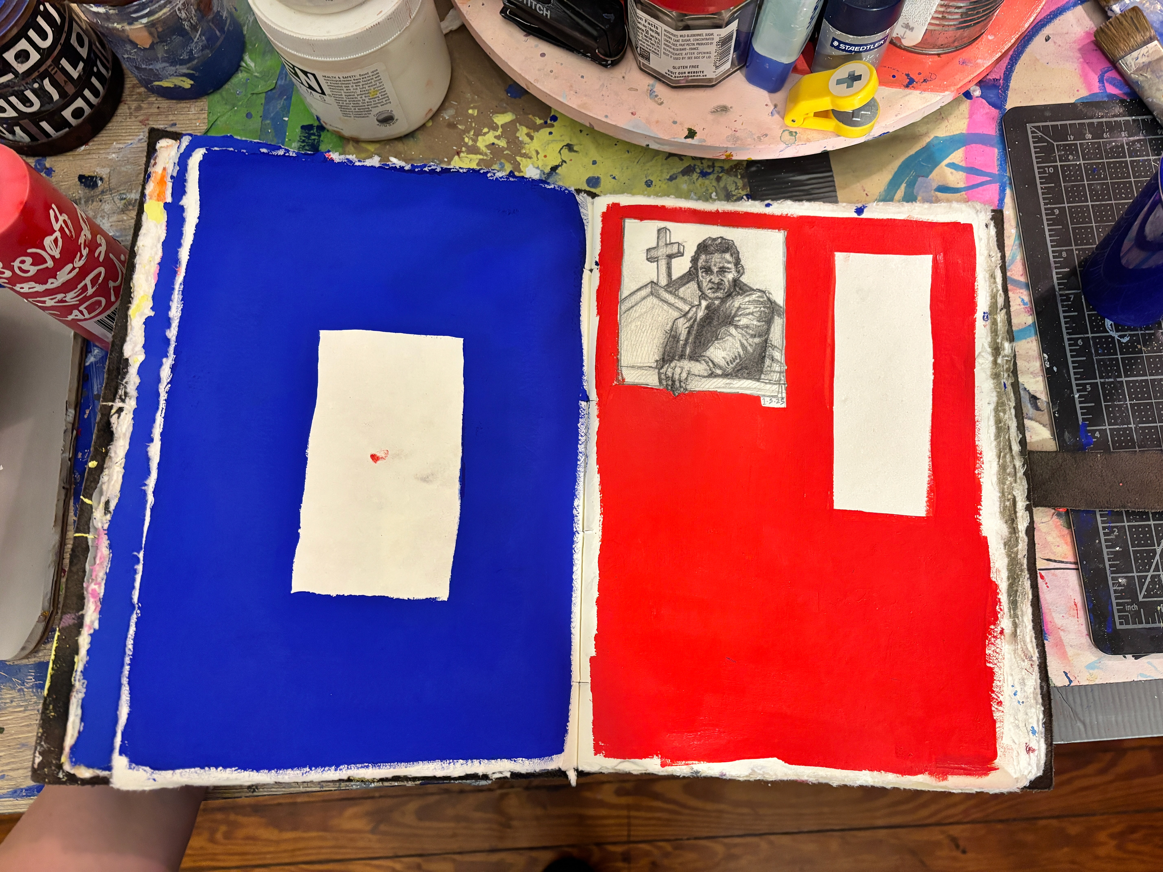 BLUE AND RED ON RAG PAPER!