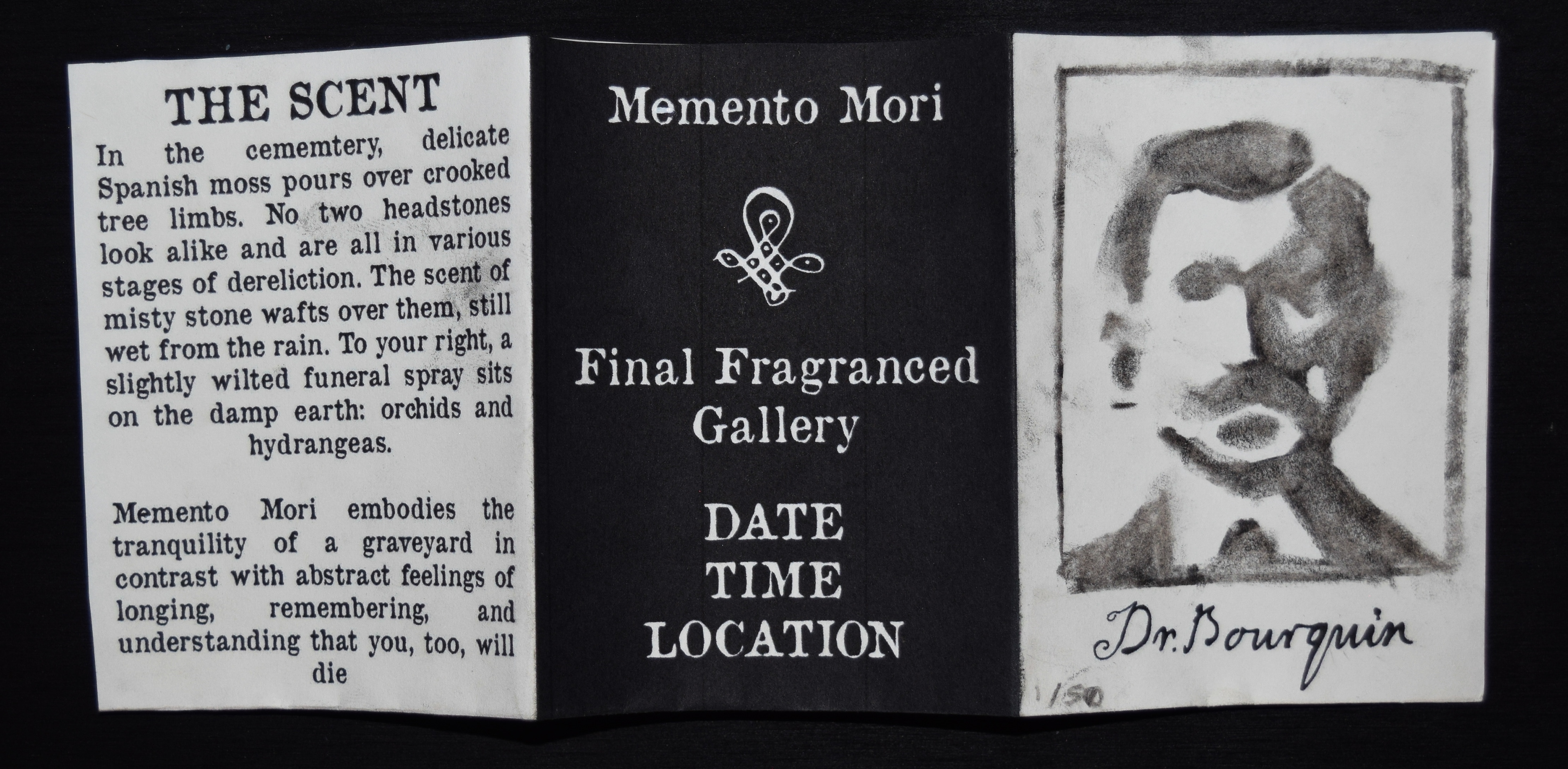 Memento Mori pamphlet included with invitation, side one