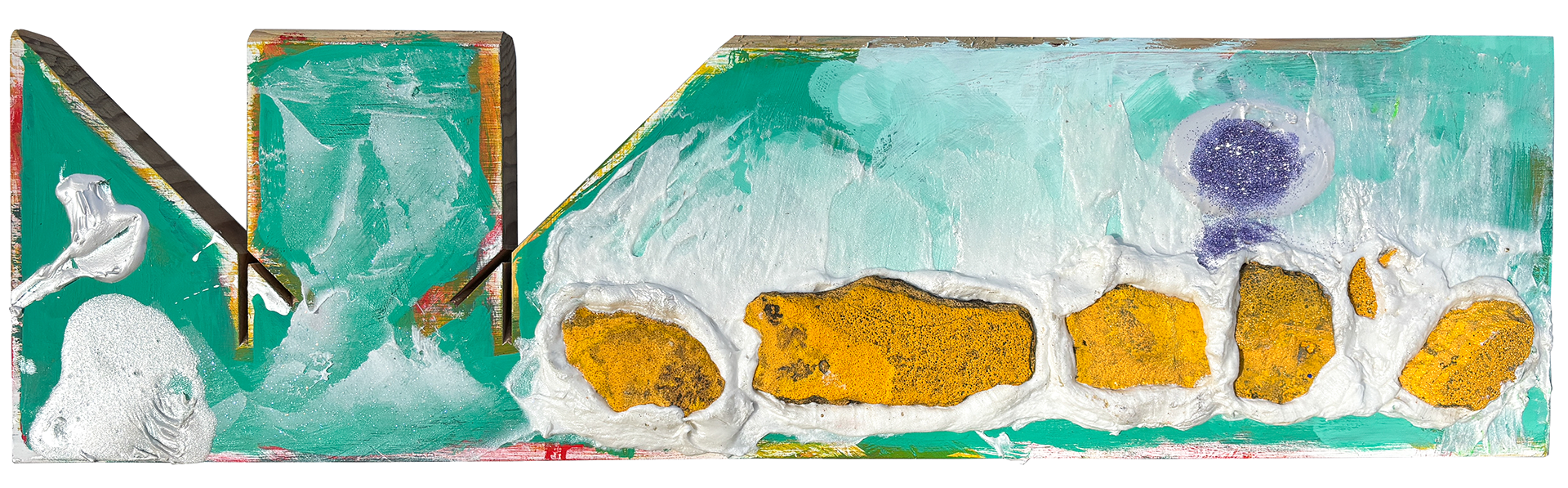 Road paint chips and shimmery acrylic stuff and fake snow and glitter and Flashe on wood scrap