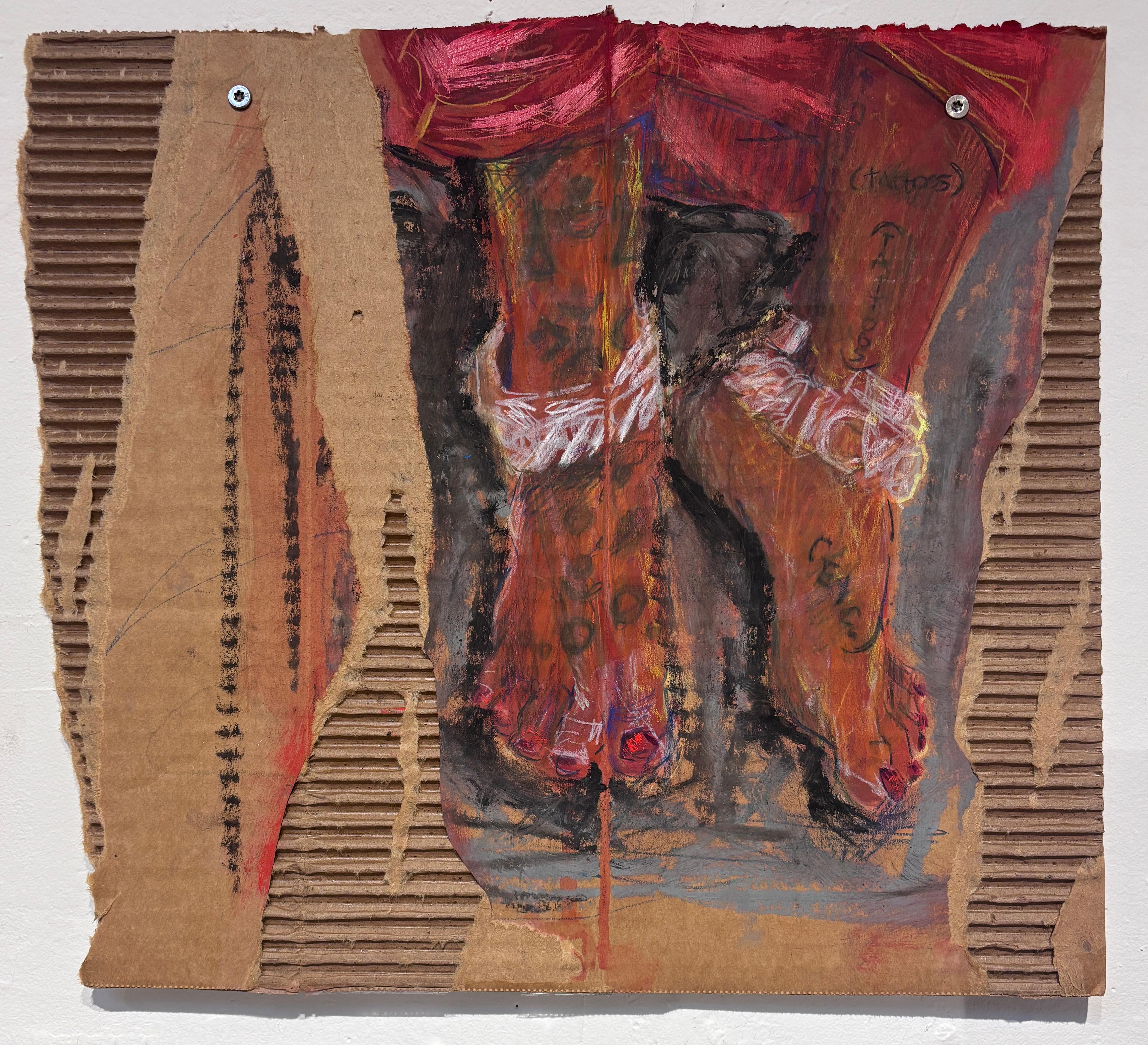 Acrylic and colored pencil on cardboard