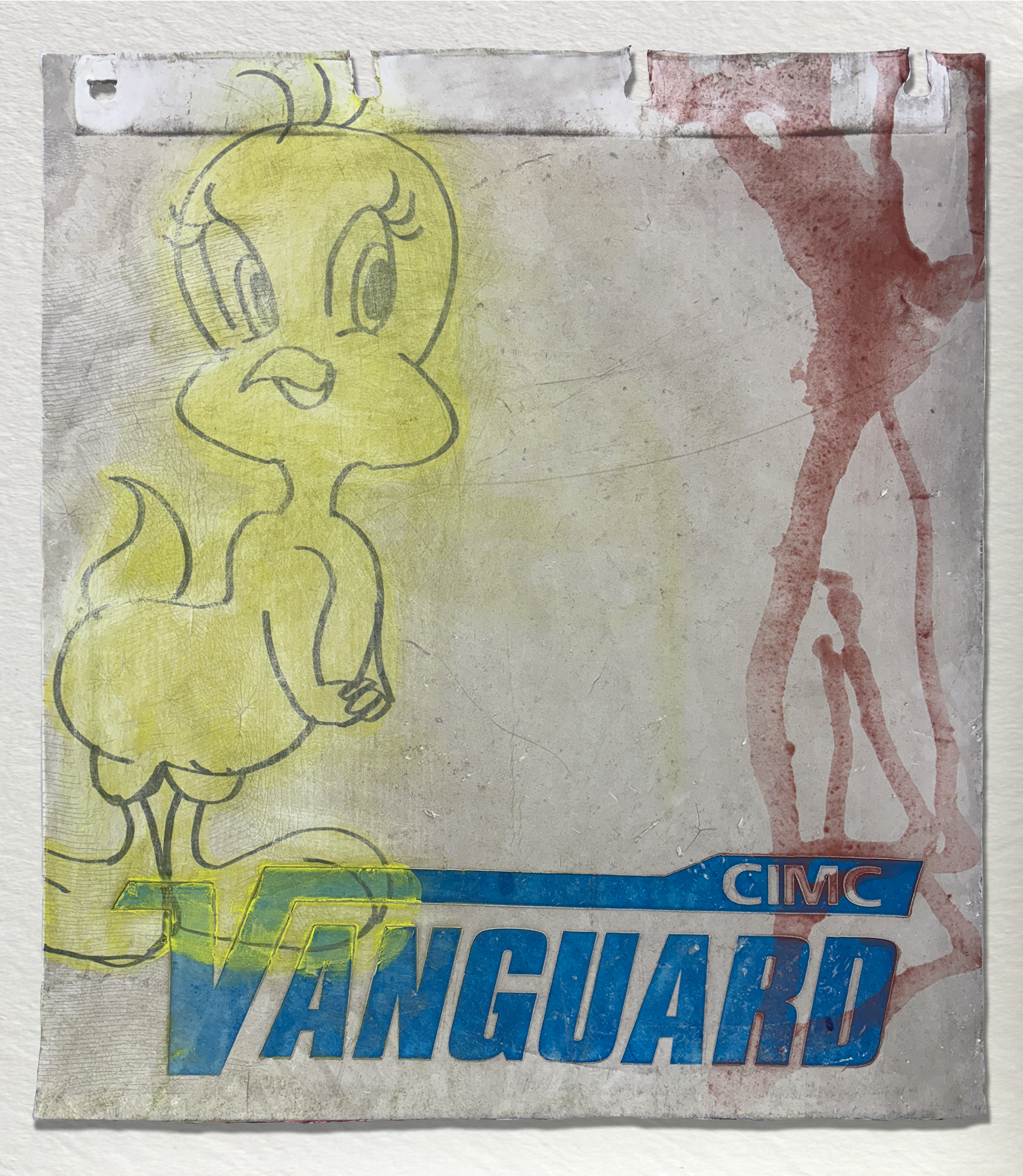 PY35/acrylic binder and Sharpie on mudflap