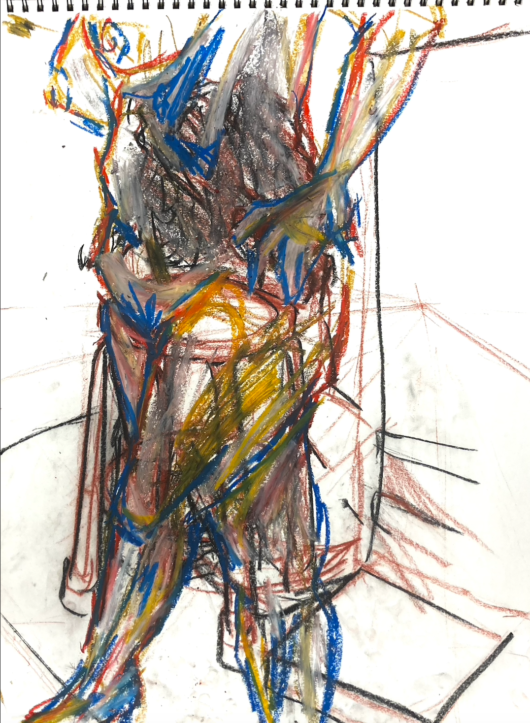Non-dominant hand figure drawing, oil pastel paint