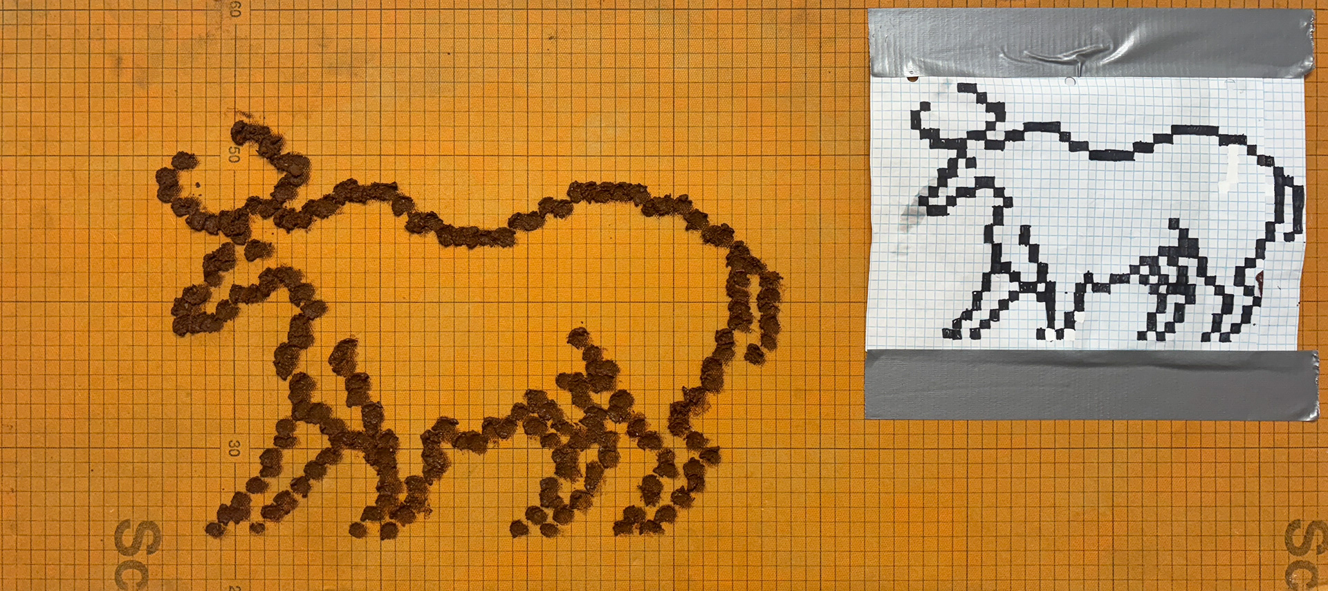 Foraged ochres/acrylic binders, Sharpie on graph paper and duct tape on Kerdi Board