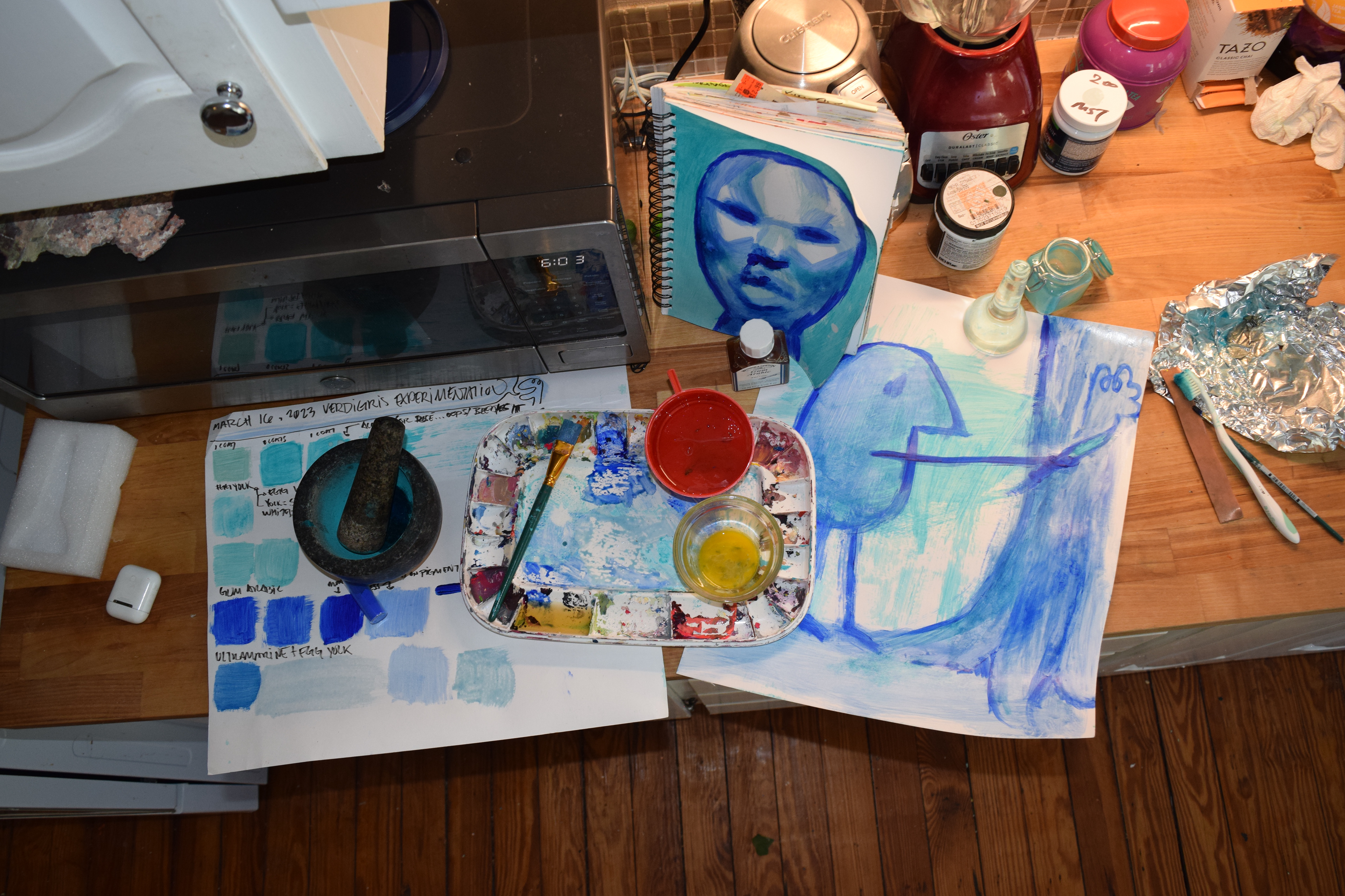 Ultramarine/verdigris egg tempera