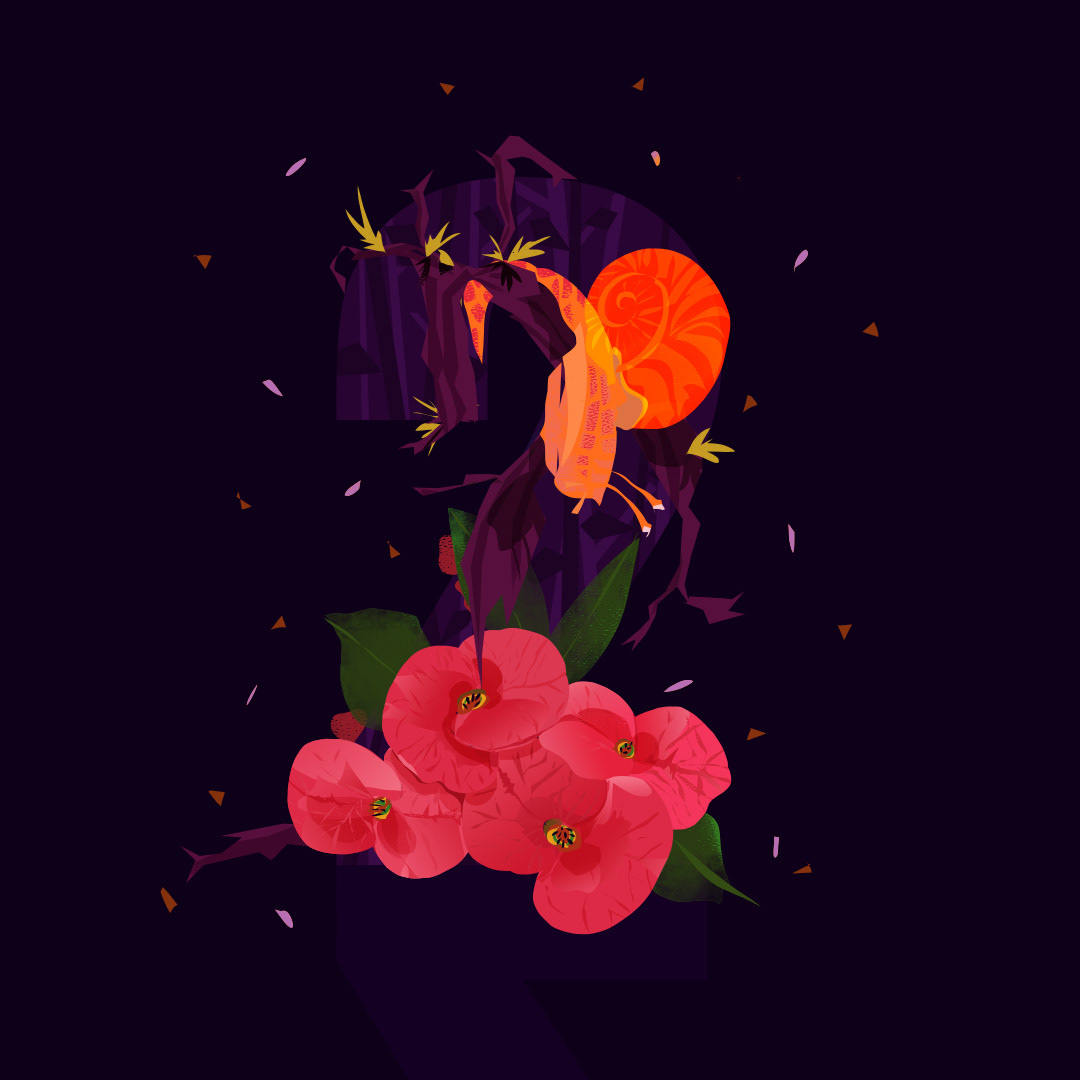 The number 2, includes a Snail, as they use '2' Brain Cells and Euphorbia Mili, a 2-Petal flower.